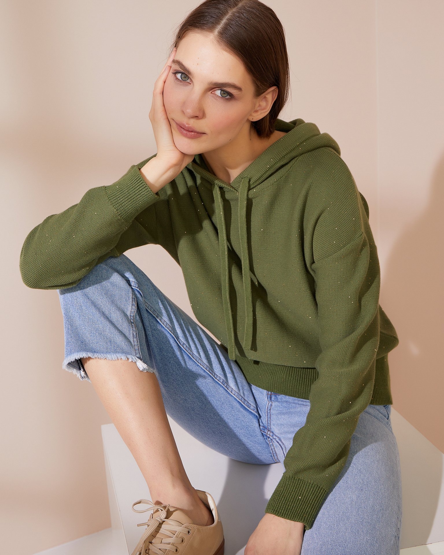 Knitted sequin hoodie, Green