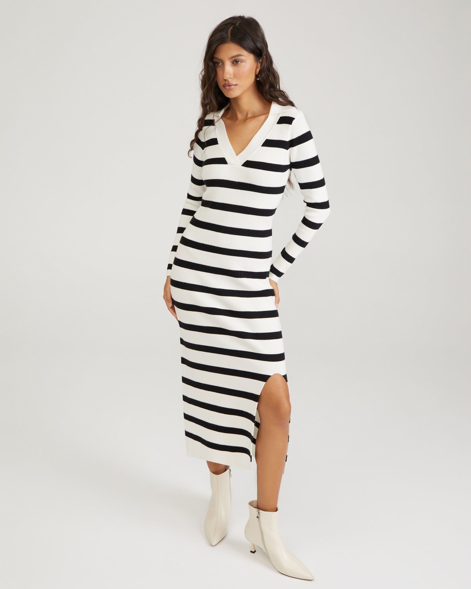 Knitted dress with a slit, White — photo 3