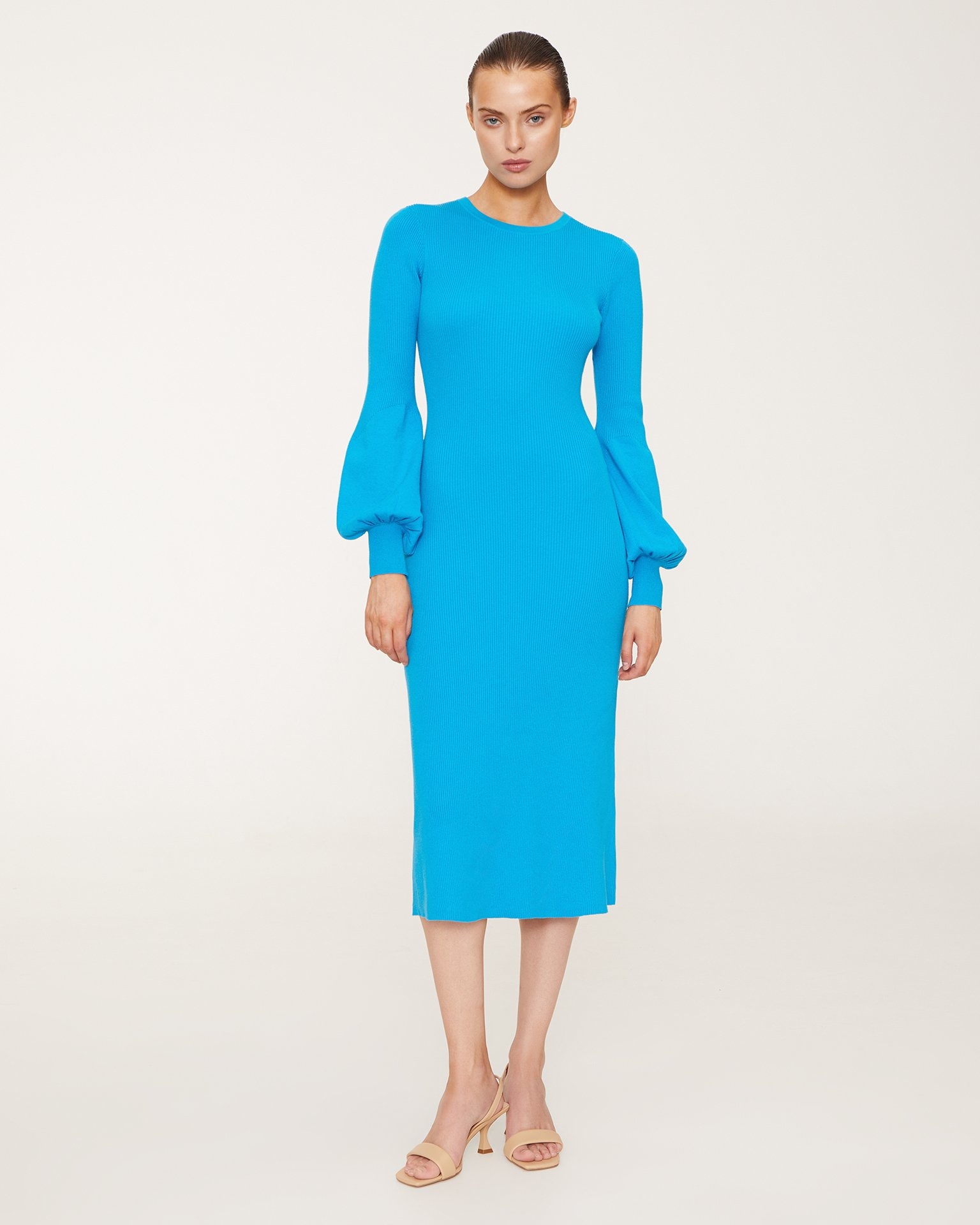 Fitted midi dress in turquoise, Turquoise. — photo 3