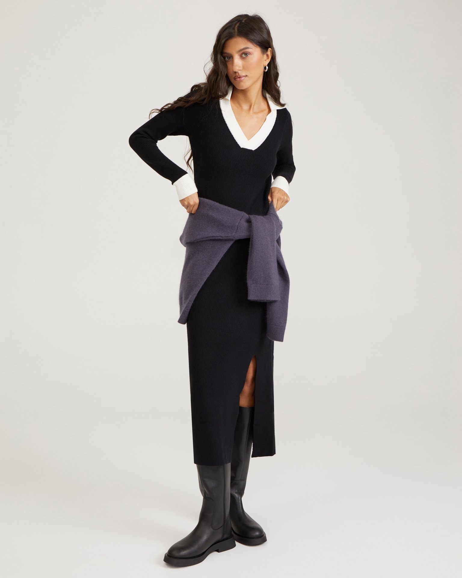 Knitted dress with a slit, Black — photo 6