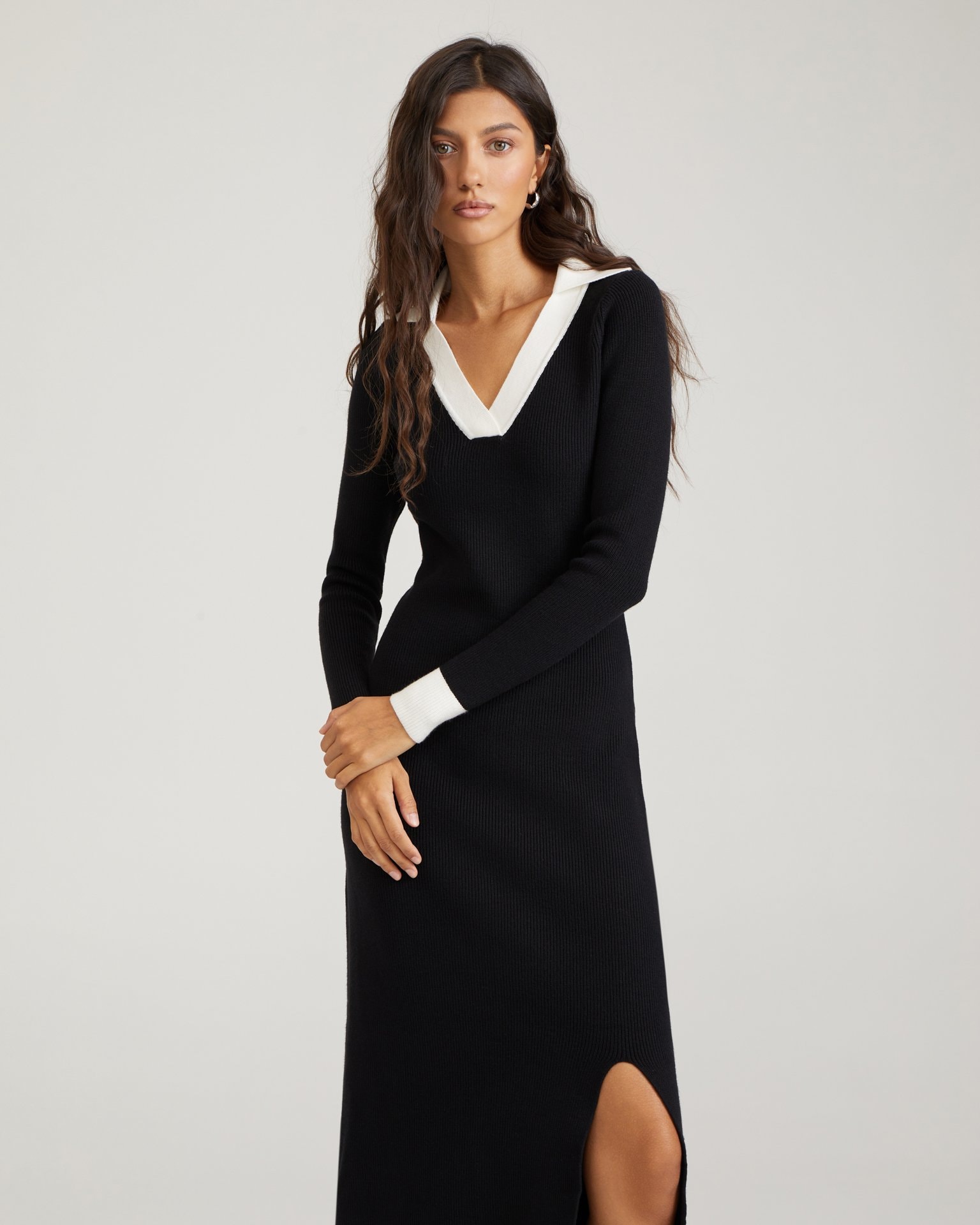 Knitted dress with a slit, Black — photo 5