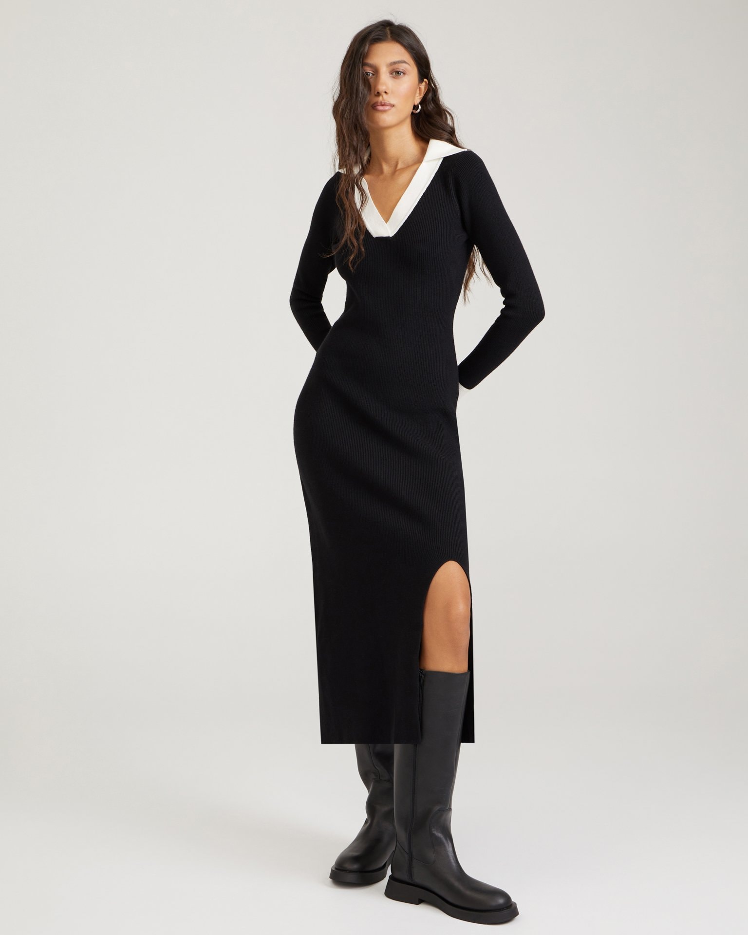 Knitted dress with a slit, Black — photo 4
