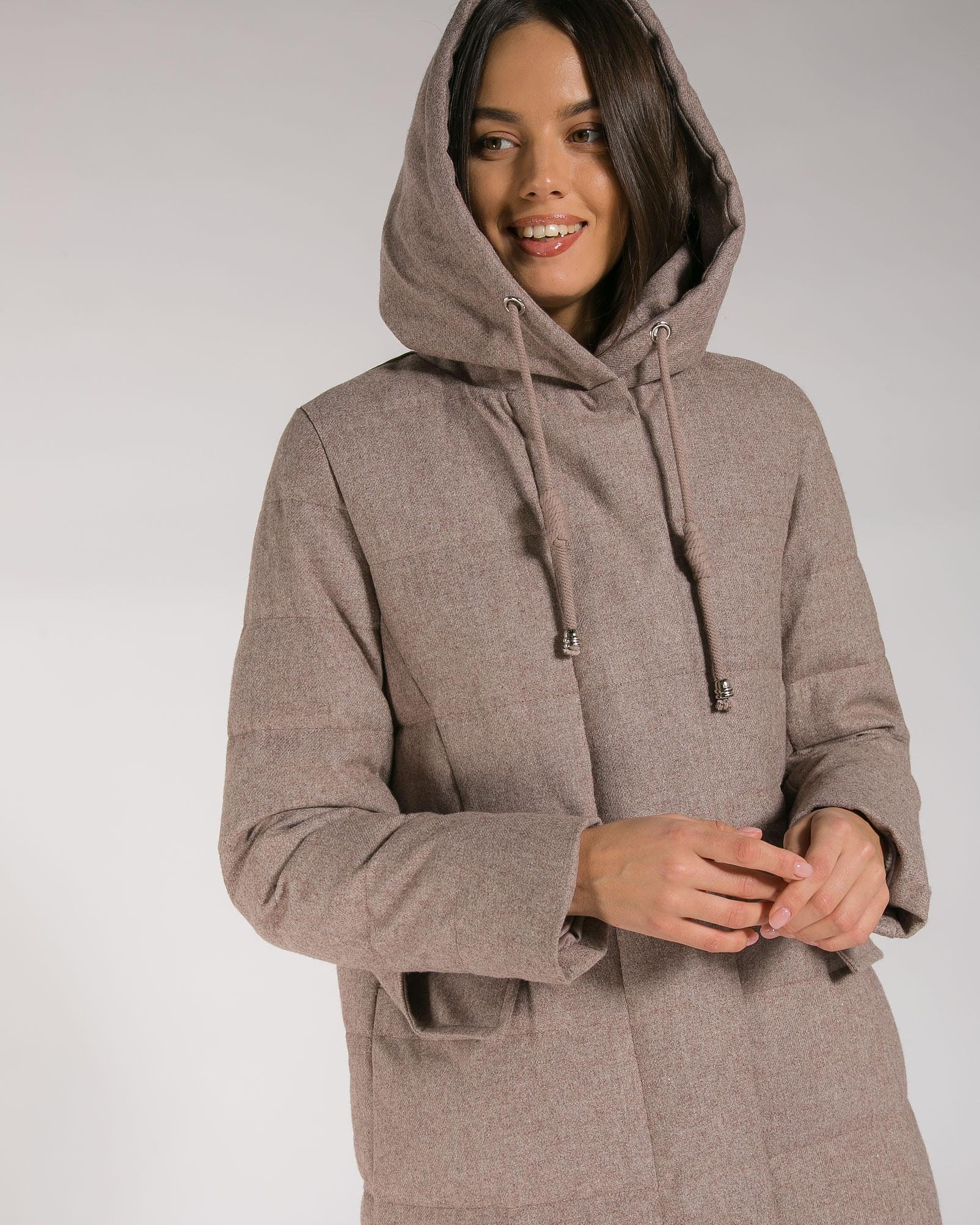 Wool-blend down coat with voluminous hood, Brown — photo 2