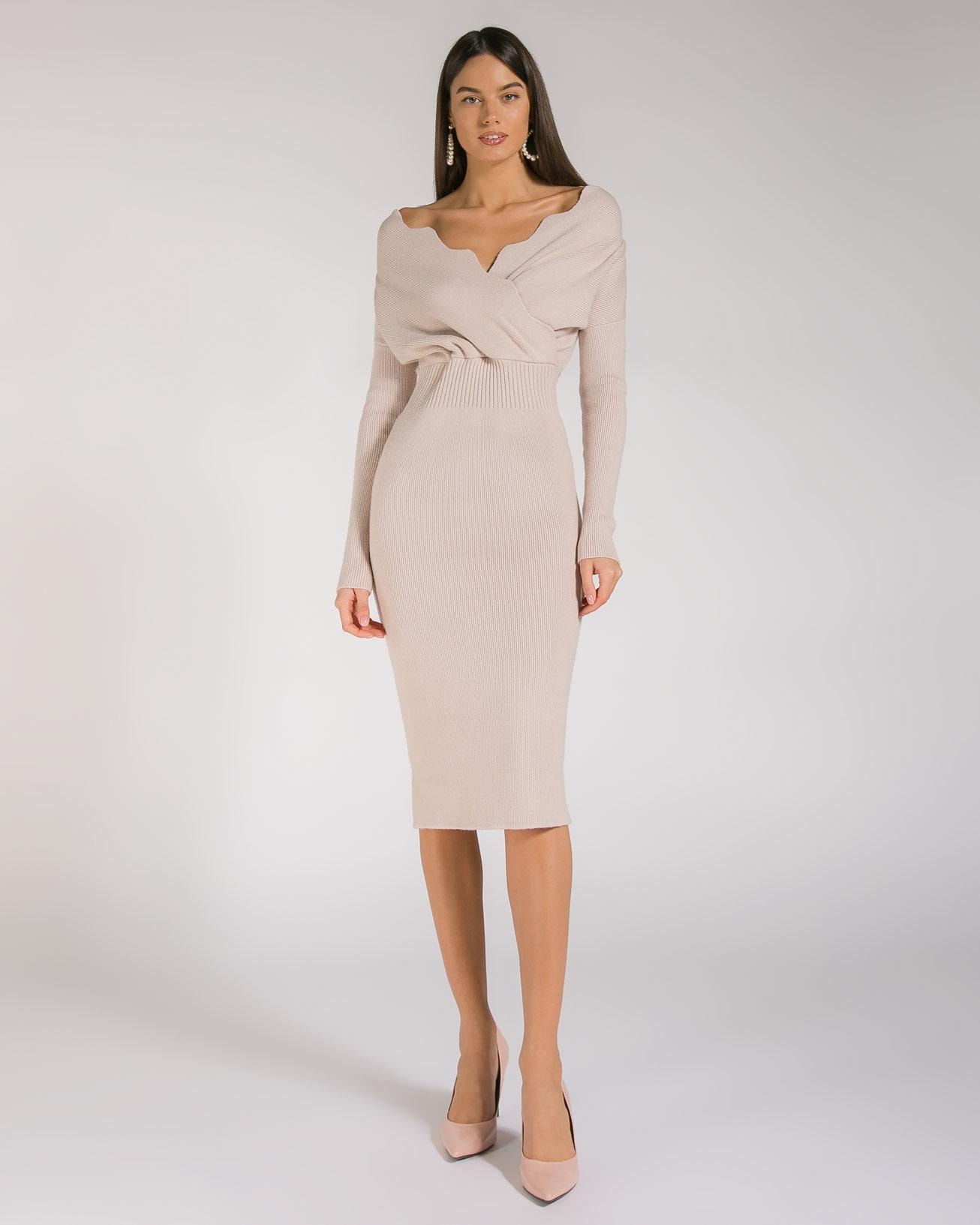Midi Dress with a Textured Bodice and Small Slits on the Skirt, Beige — photo 3