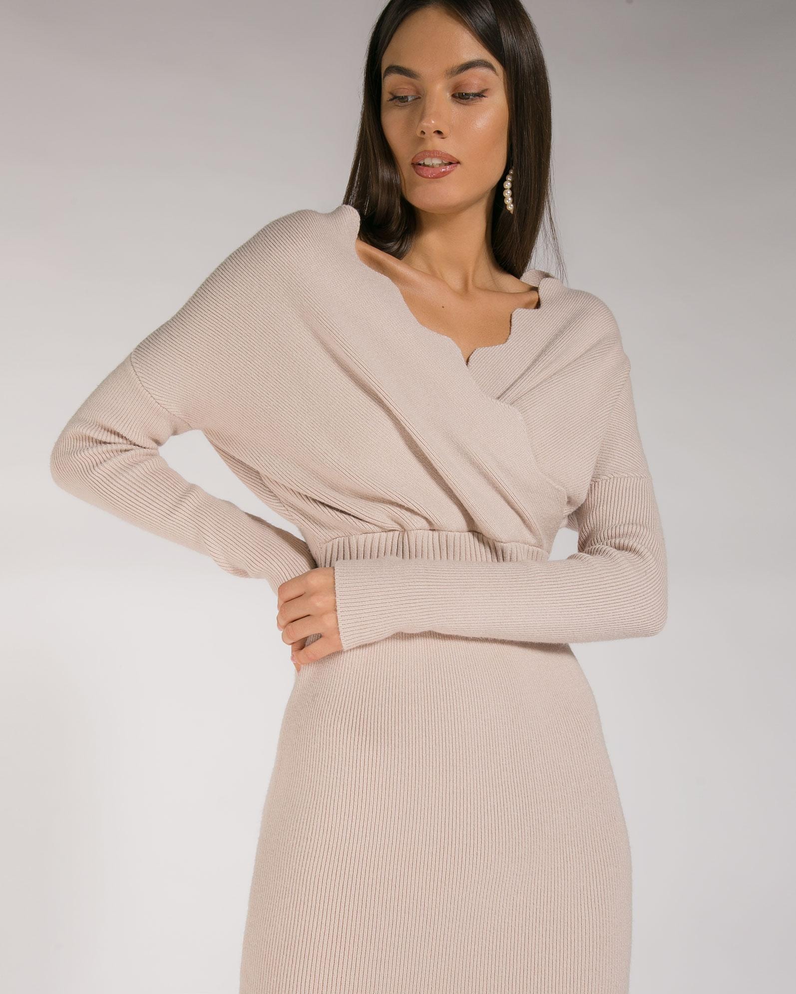 Midi Dress with a Textured Bodice and Small Slits on the Skirt, Beige — photo 2
