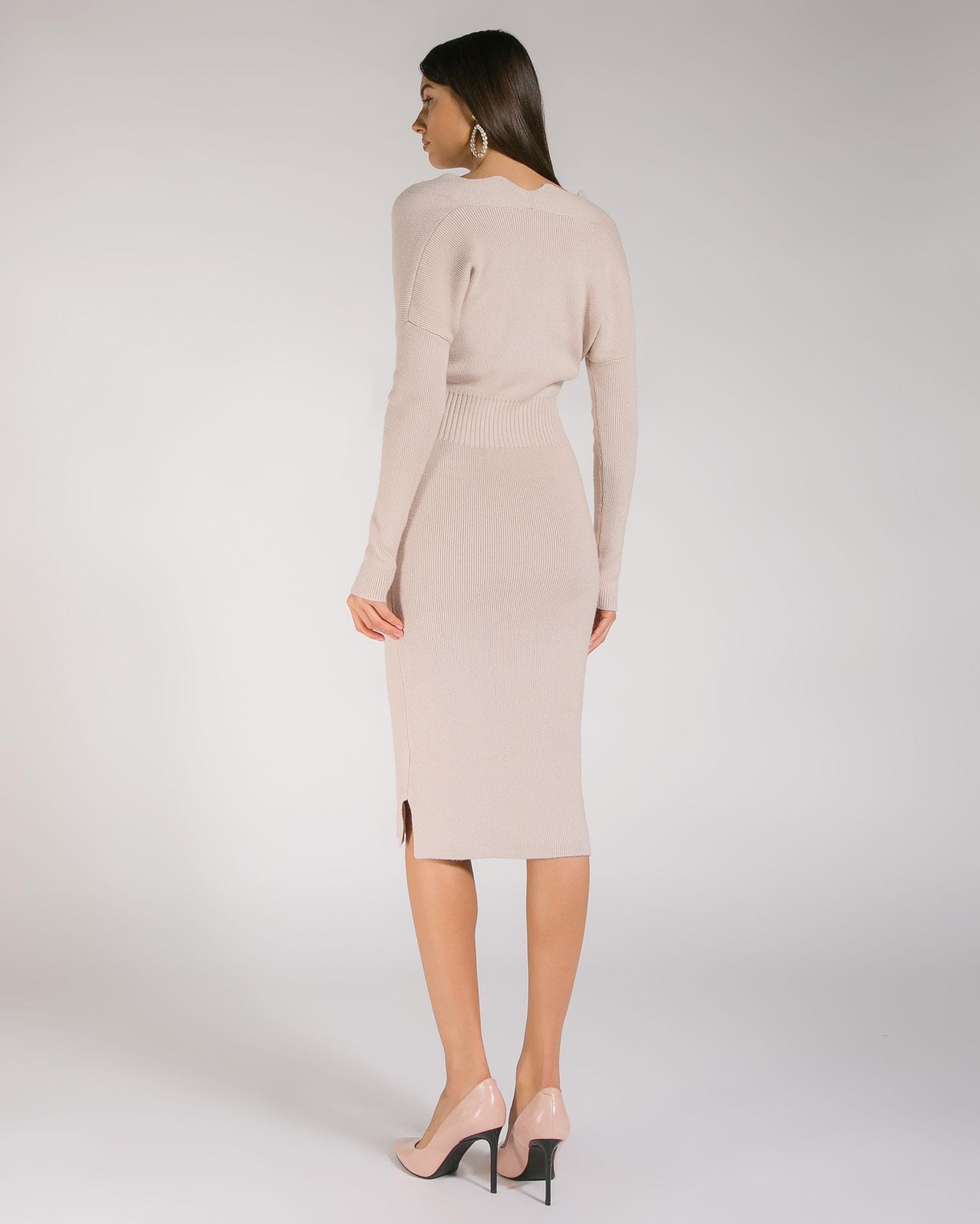 Midi Dress with a Textured Bodice and Small Slits on the Skirt, Beige — photo 5