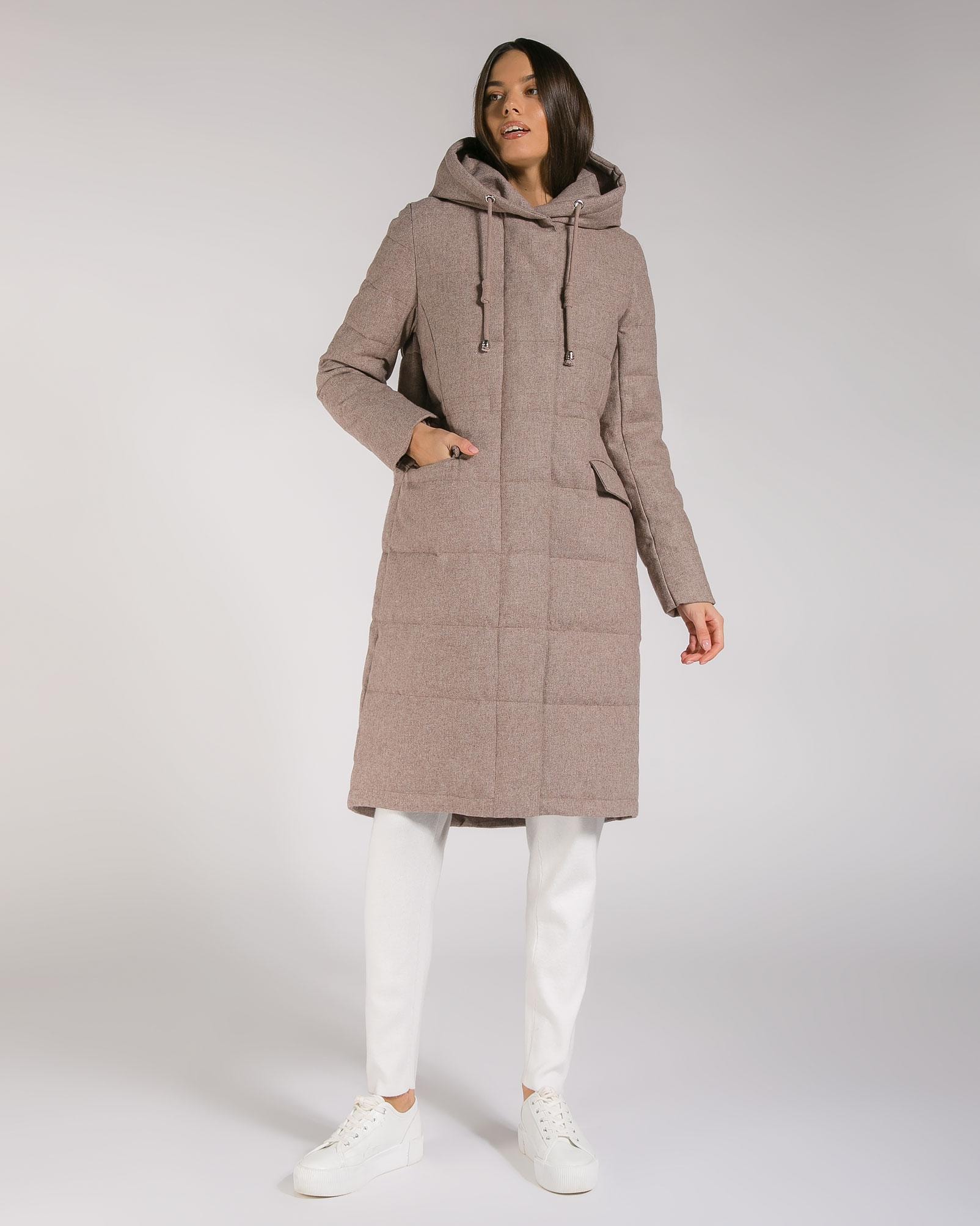 Wool-blend down coat with voluminous hood, Brown