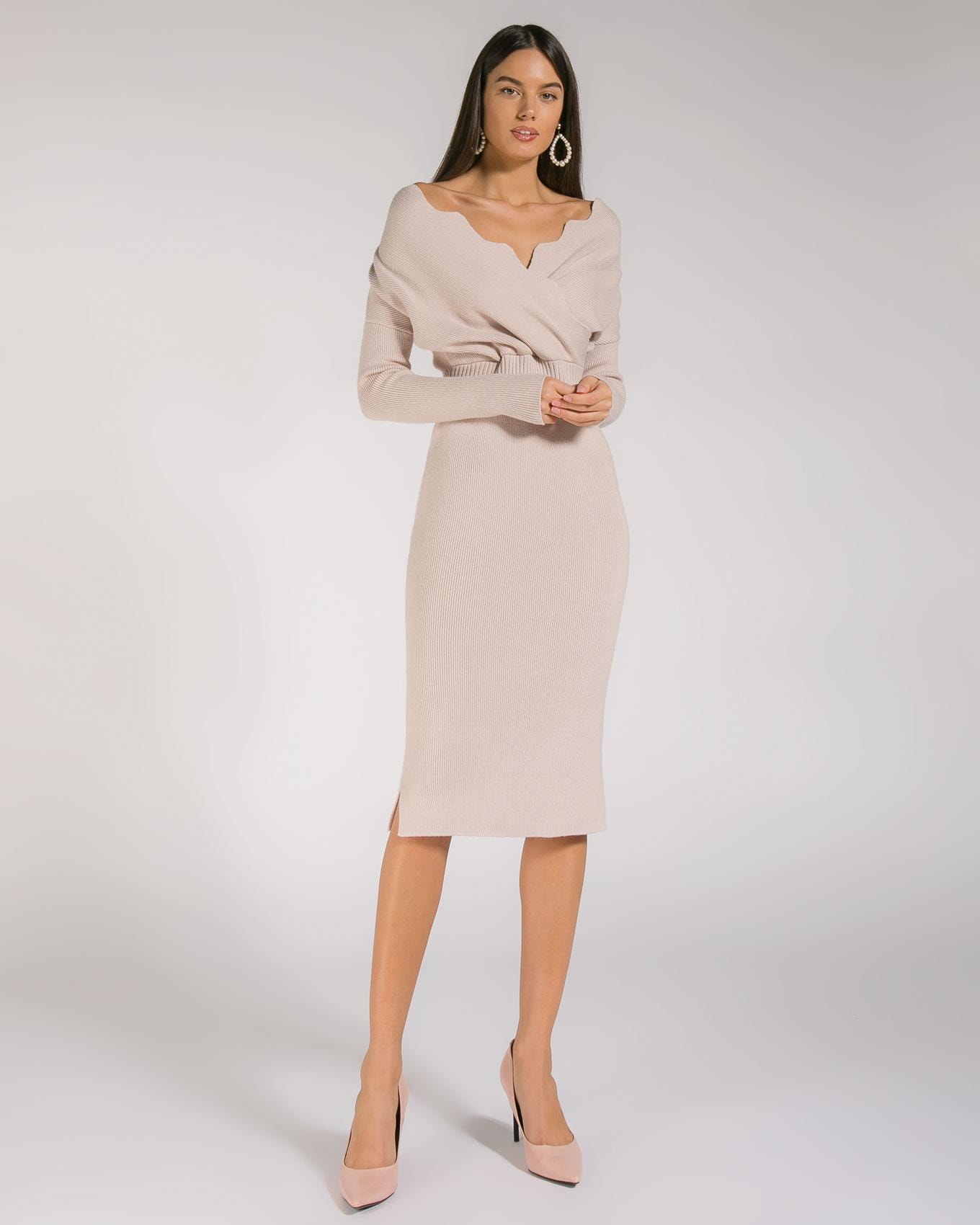 Midi Dress with a Textured Bodice and Small Slits on the Skirt, Beige