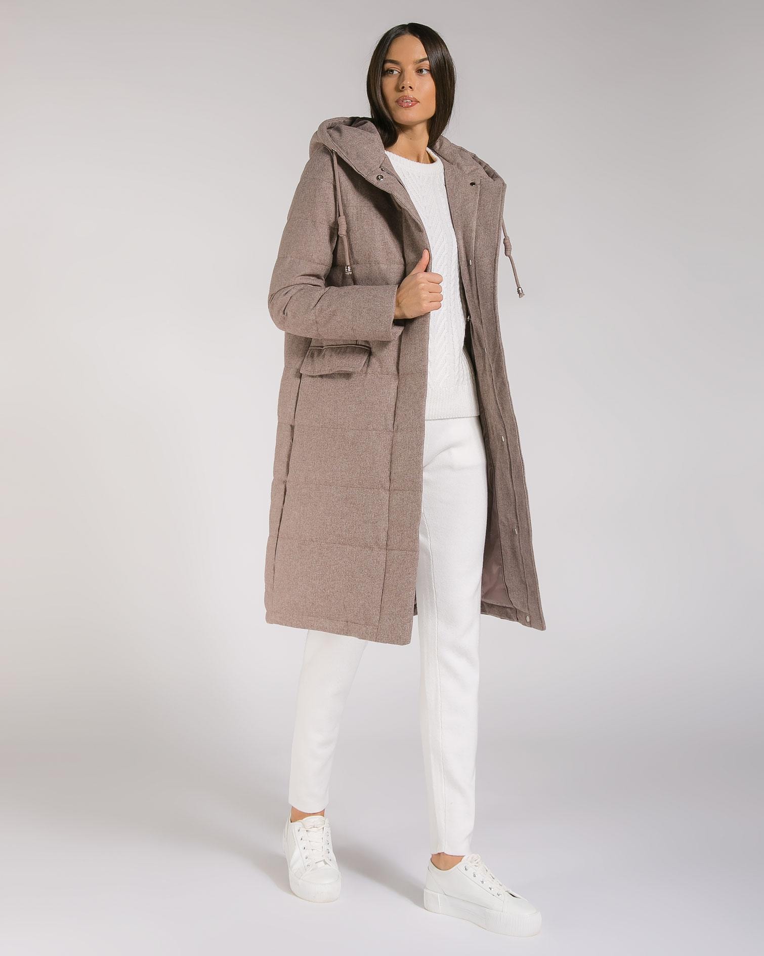Wool-blend down coat with voluminous hood, Brown — photo 3