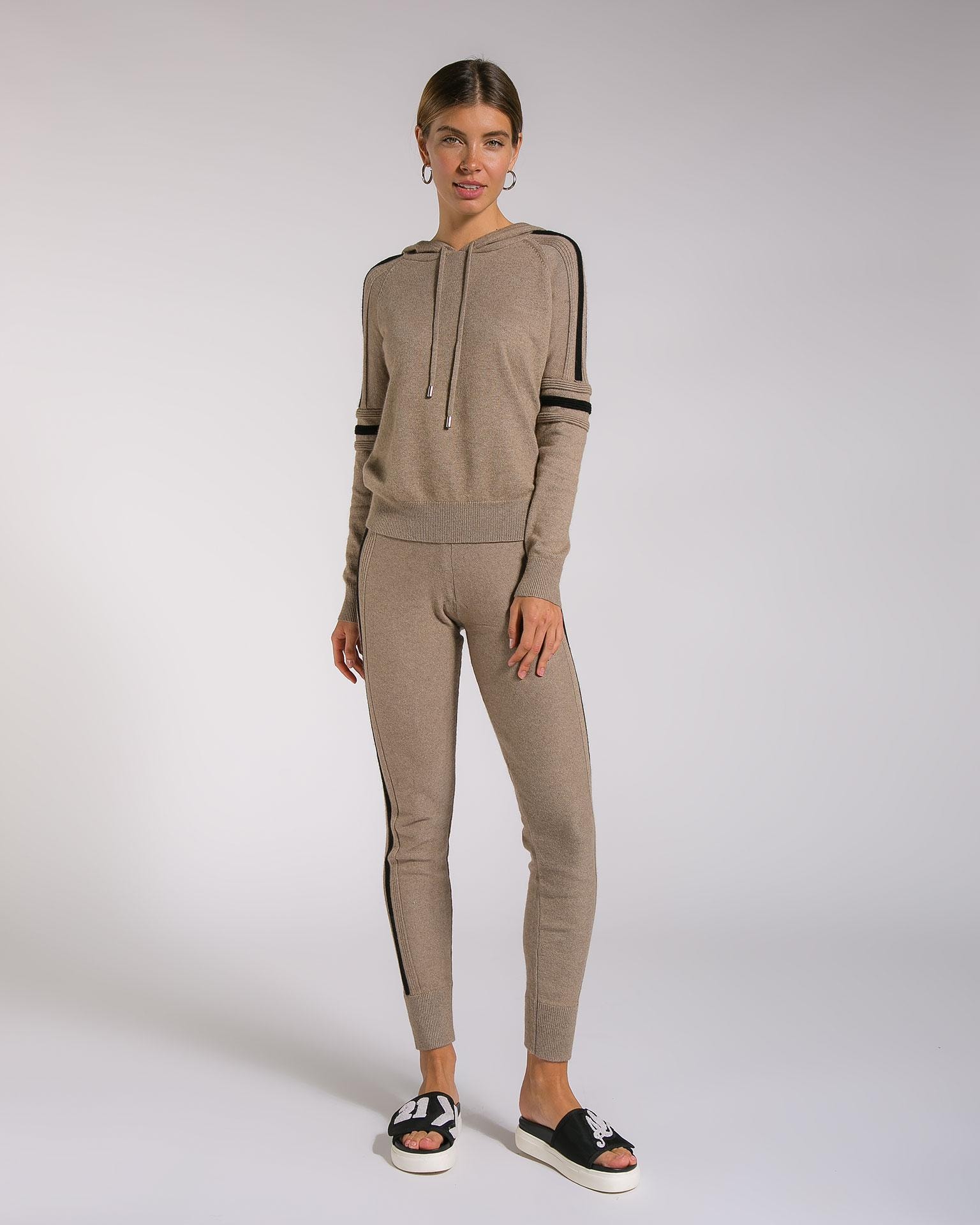 Casual-style trouser suit with contrasting stripes, Brown — photo 2