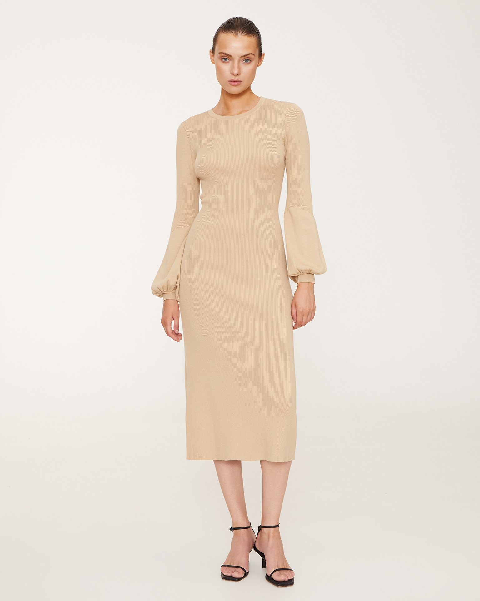 Fitted beige midi dress, Beige
