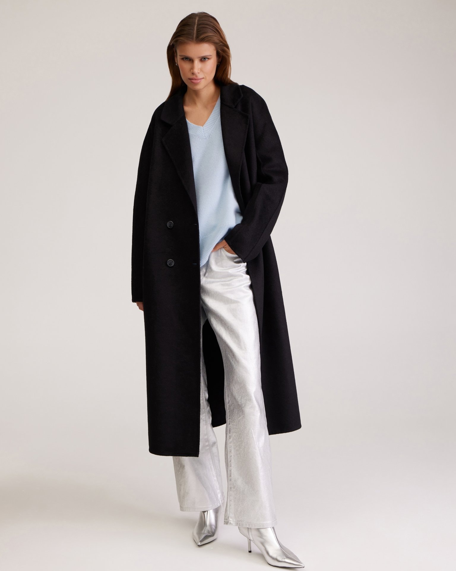 Black Double-Breasted Coat, Black — photo 2