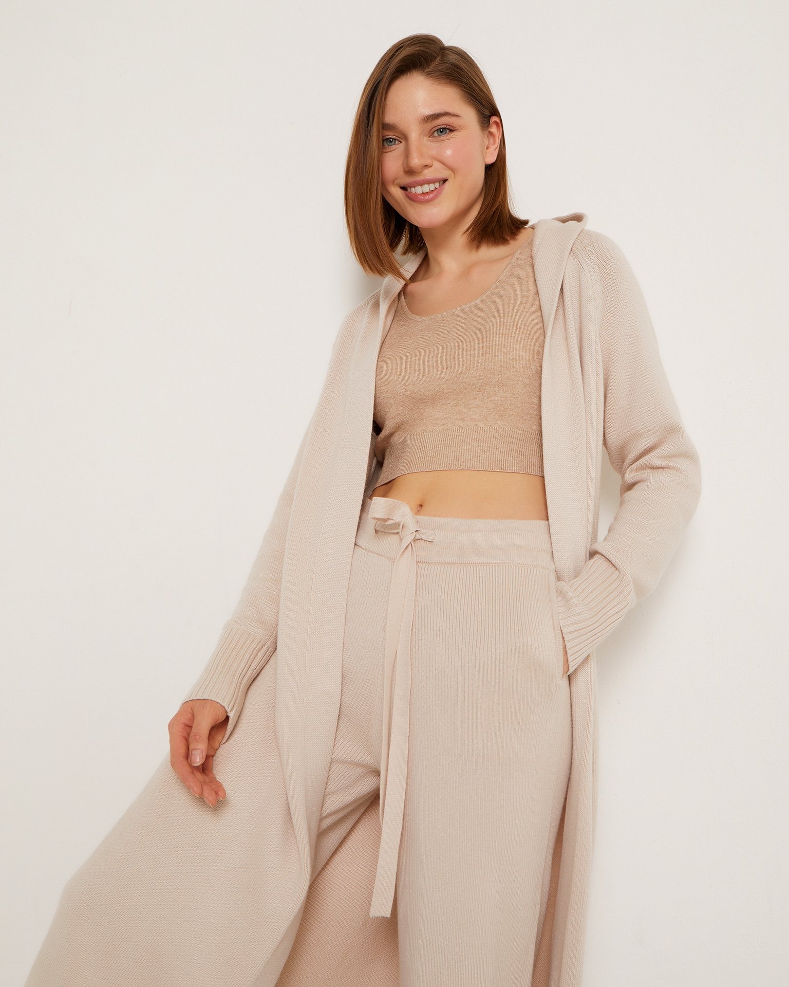 Long hooded cardigan, Beige — photo 6