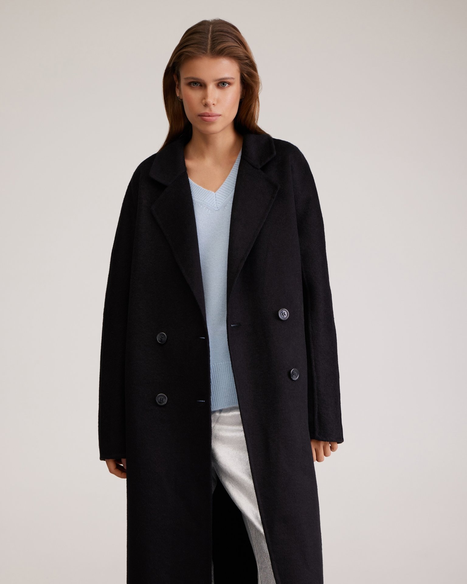 Black Double-Breasted Coat, Black — photo 6