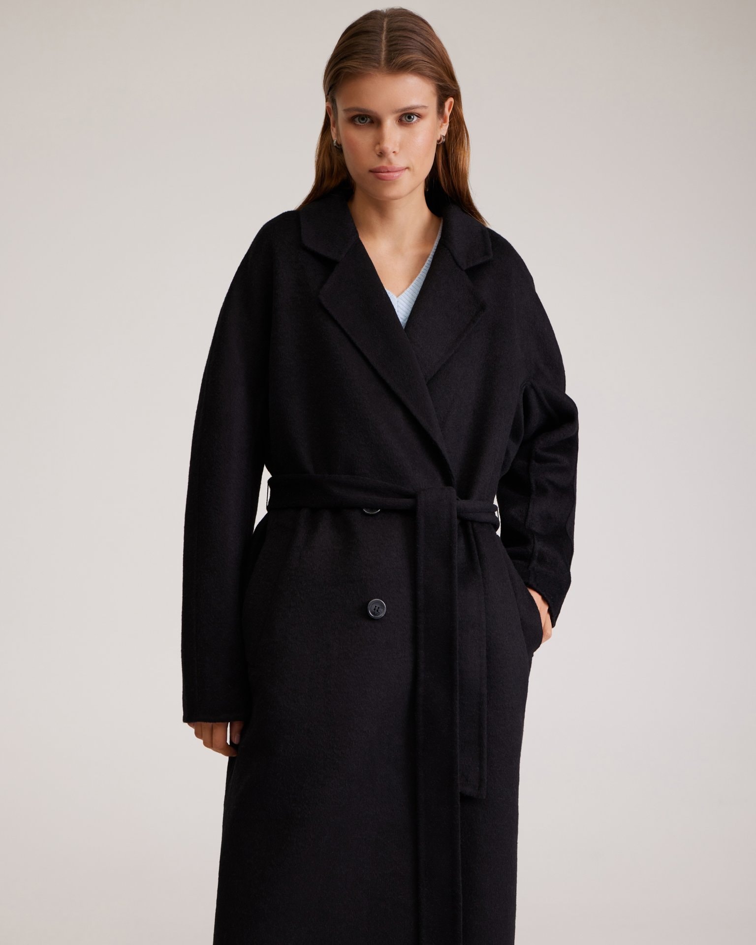Black Double-Breasted Coat, Black — photo 7