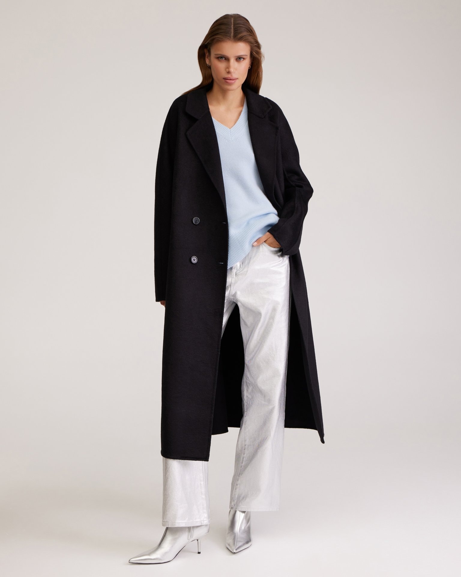 Black Double-Breasted Coat, Black — photo 5