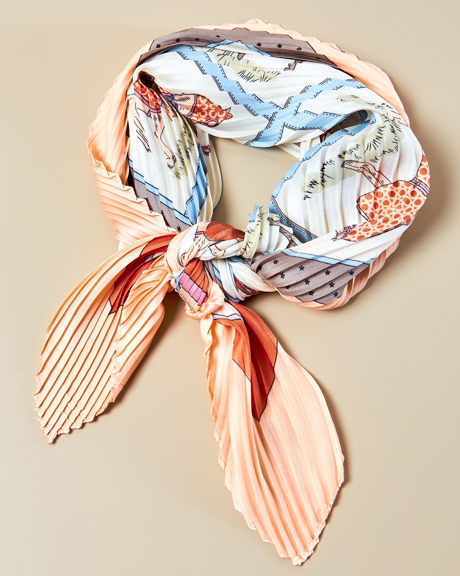Crimped scarf with equestrian print, Grey-Blue