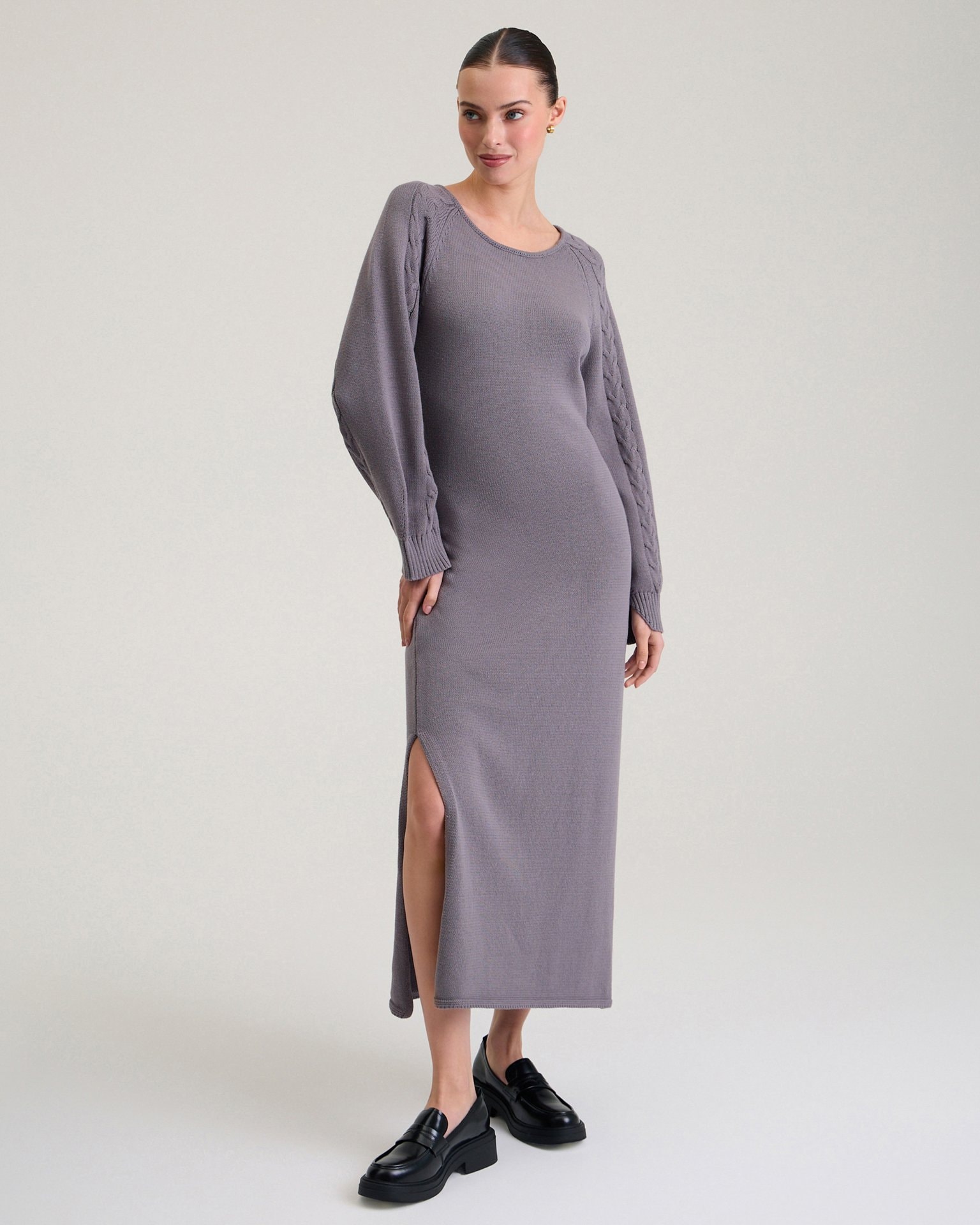 Mid-length dress with cable knit, Grey — photo 5