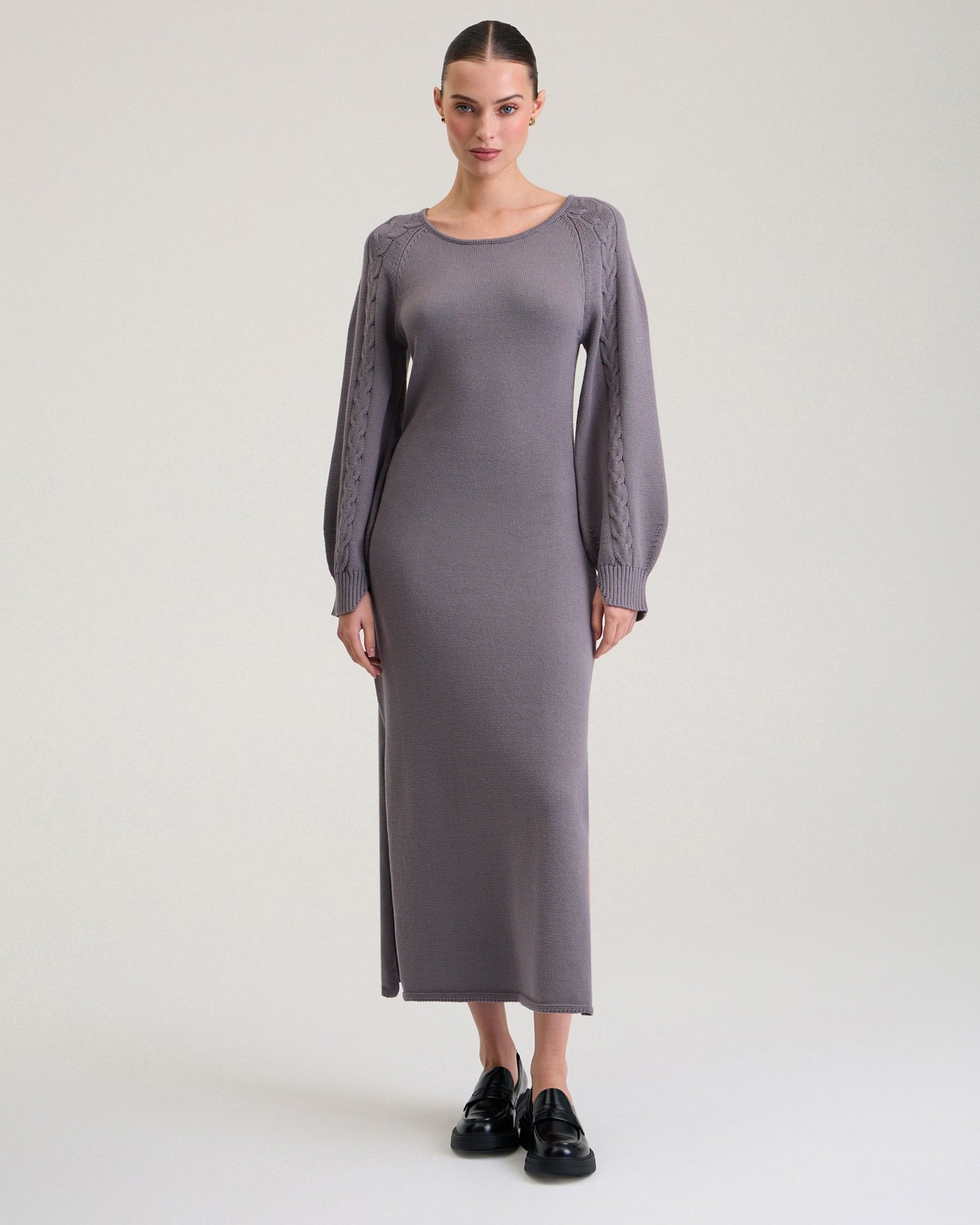 Mid-length dress with cable knit, Grey — photo 2