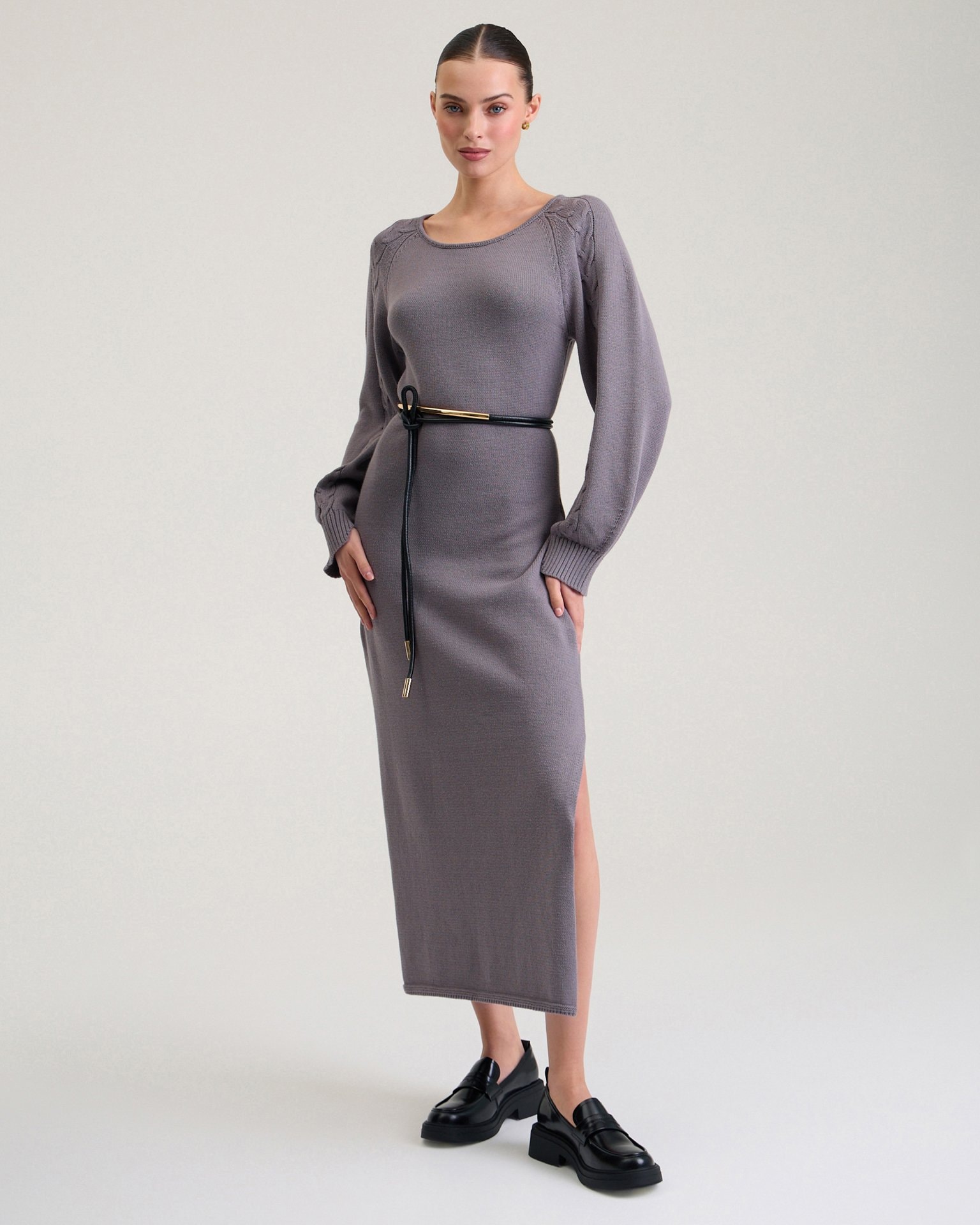 Mid-length dress with cable knit, Grey