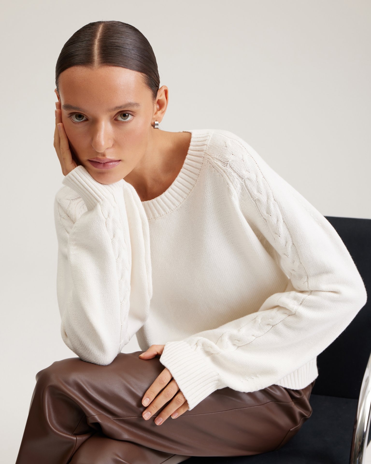 Cream cable-knit jumper, White