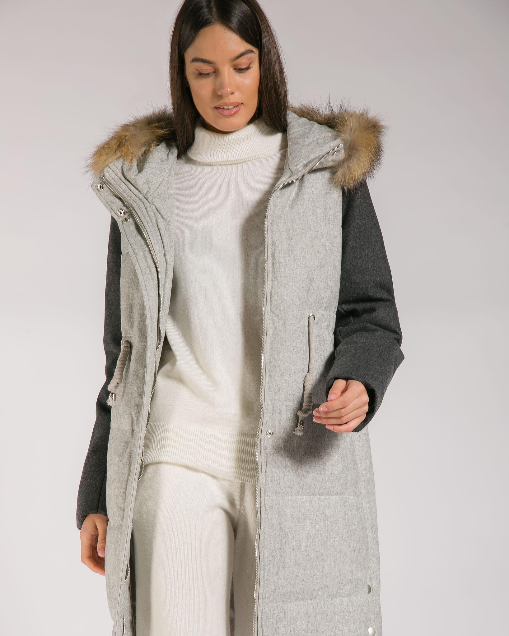 Down coat with waist drawstring and fur-trimmed hood, Charcoal