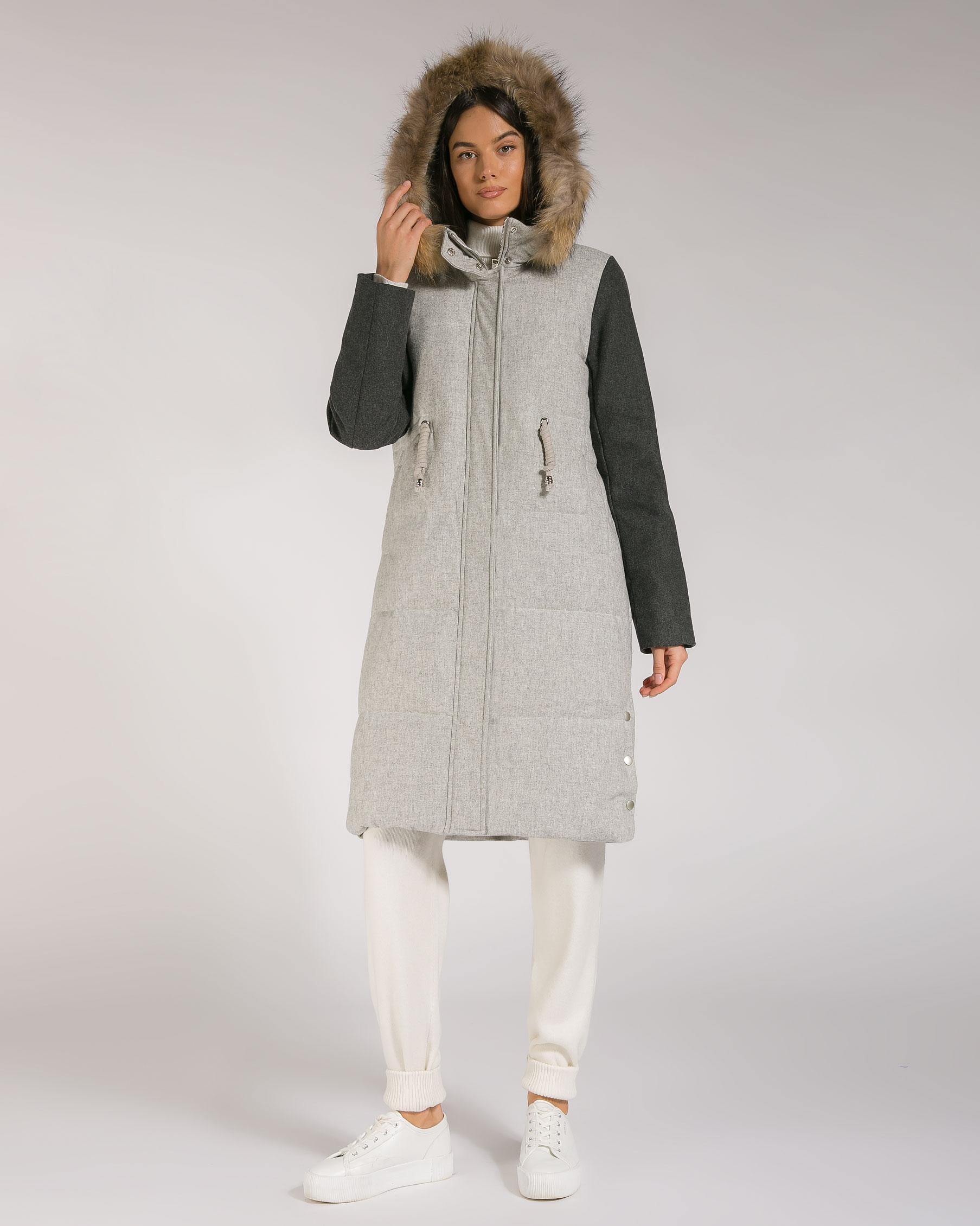 Down coat with waist drawstring and fur-trimmed hood, Charcoal — photo 2