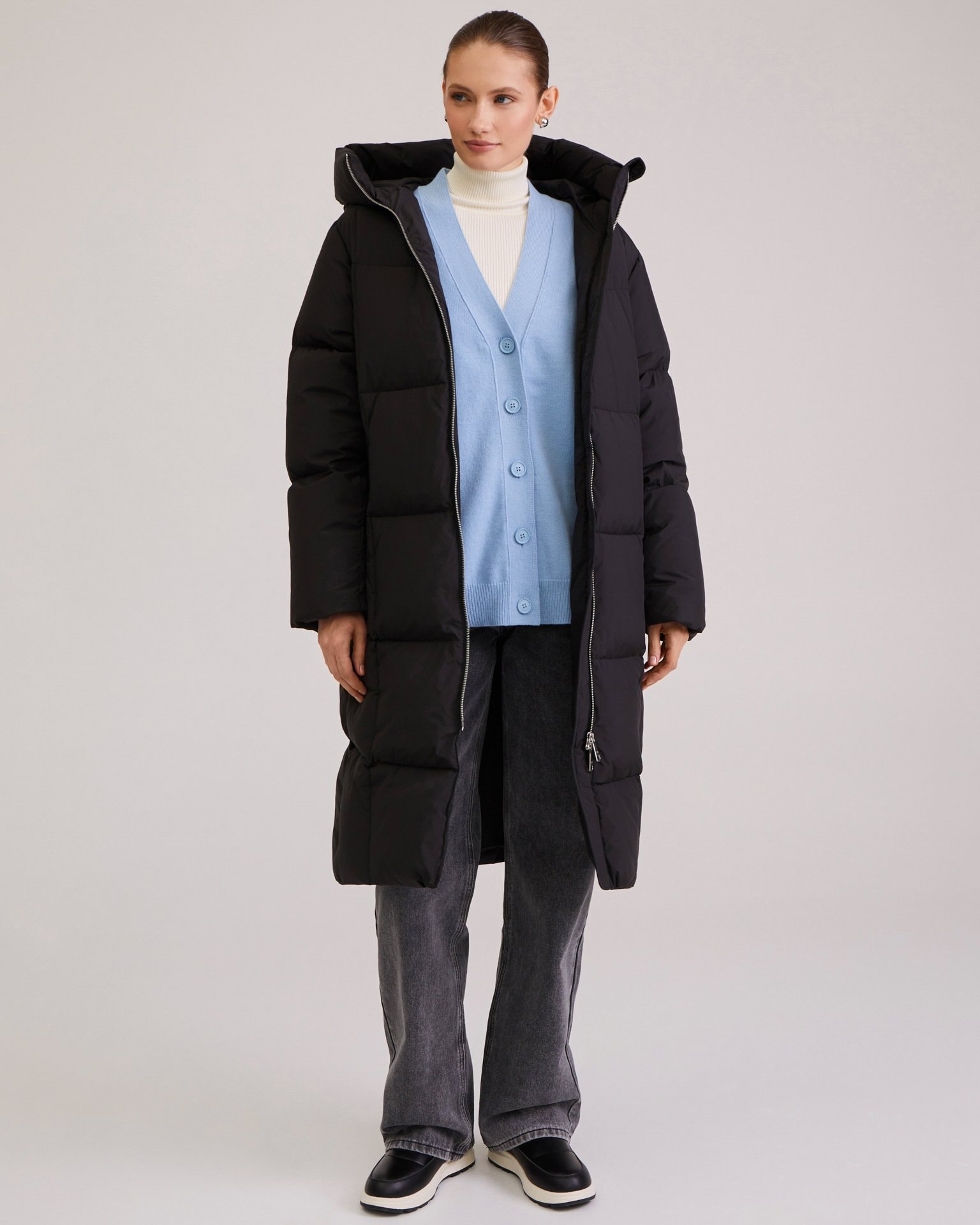 Longline black puffer coat, Black — photo 2