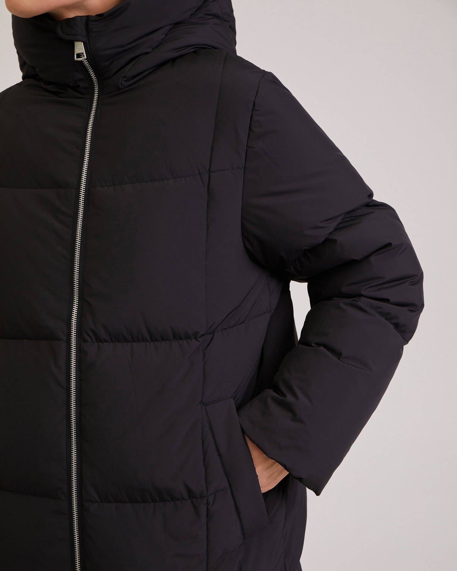 Longline black puffer coat, Black — photo 8