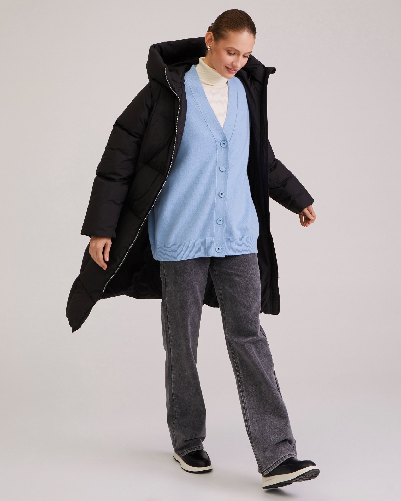 Longline black puffer coat, Black — photo 5