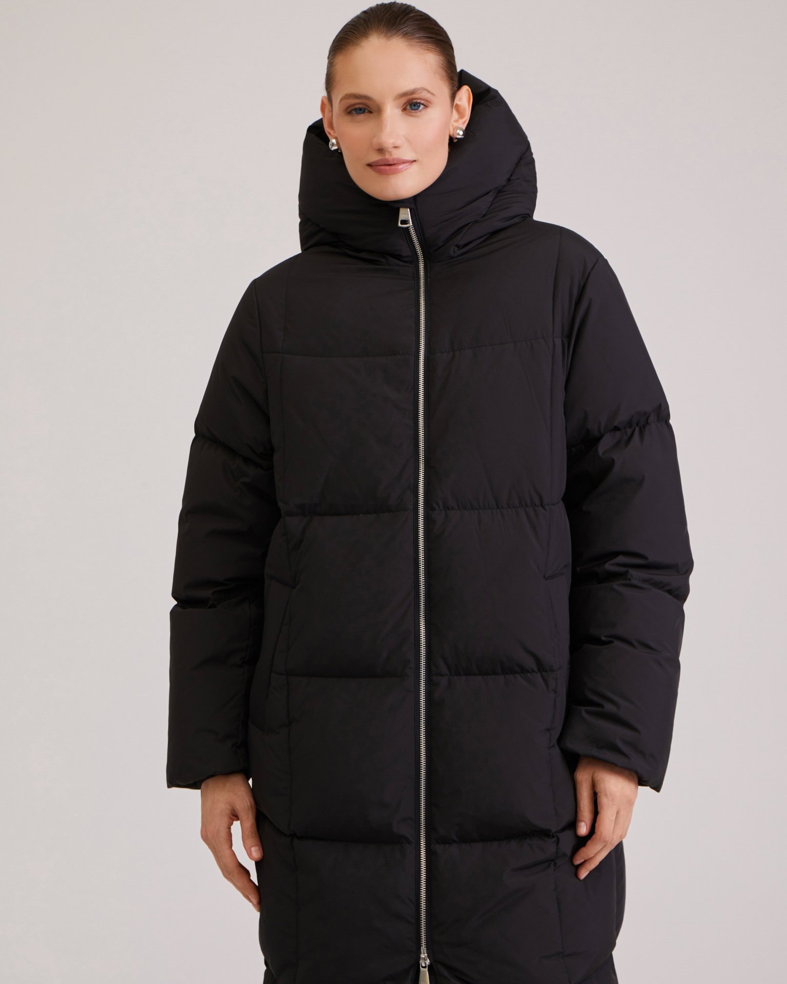 Longline black puffer coat, Black — photo 6