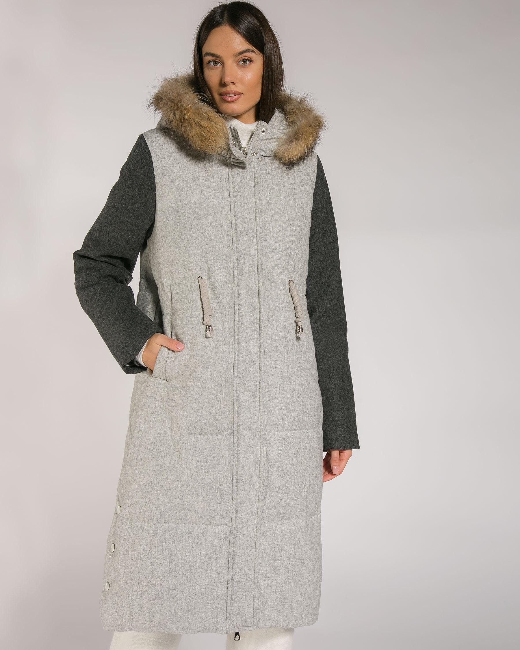 Down coat with waist drawstring and fur-trimmed hood, Charcoal — photo 3