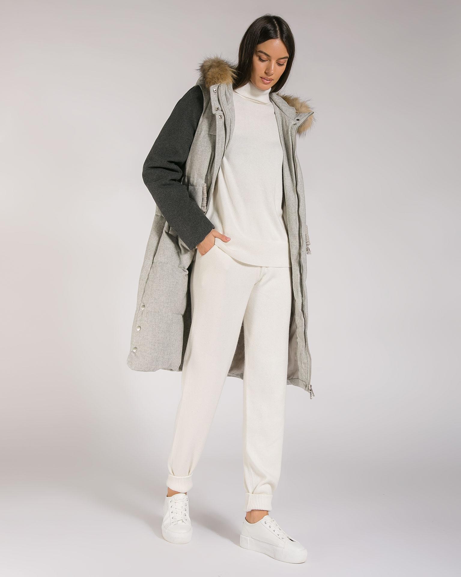 Down coat with waist drawstring and fur-trimmed hood, Charcoal — photo 4