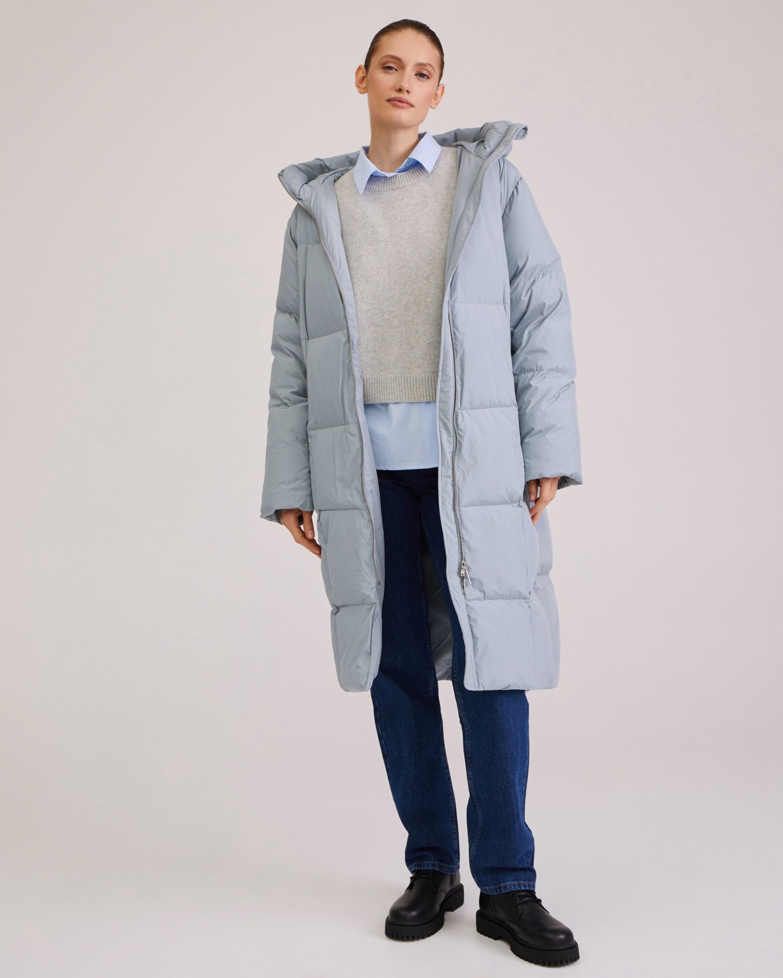Longline down jacket in grey-blue, Grey — photo 6