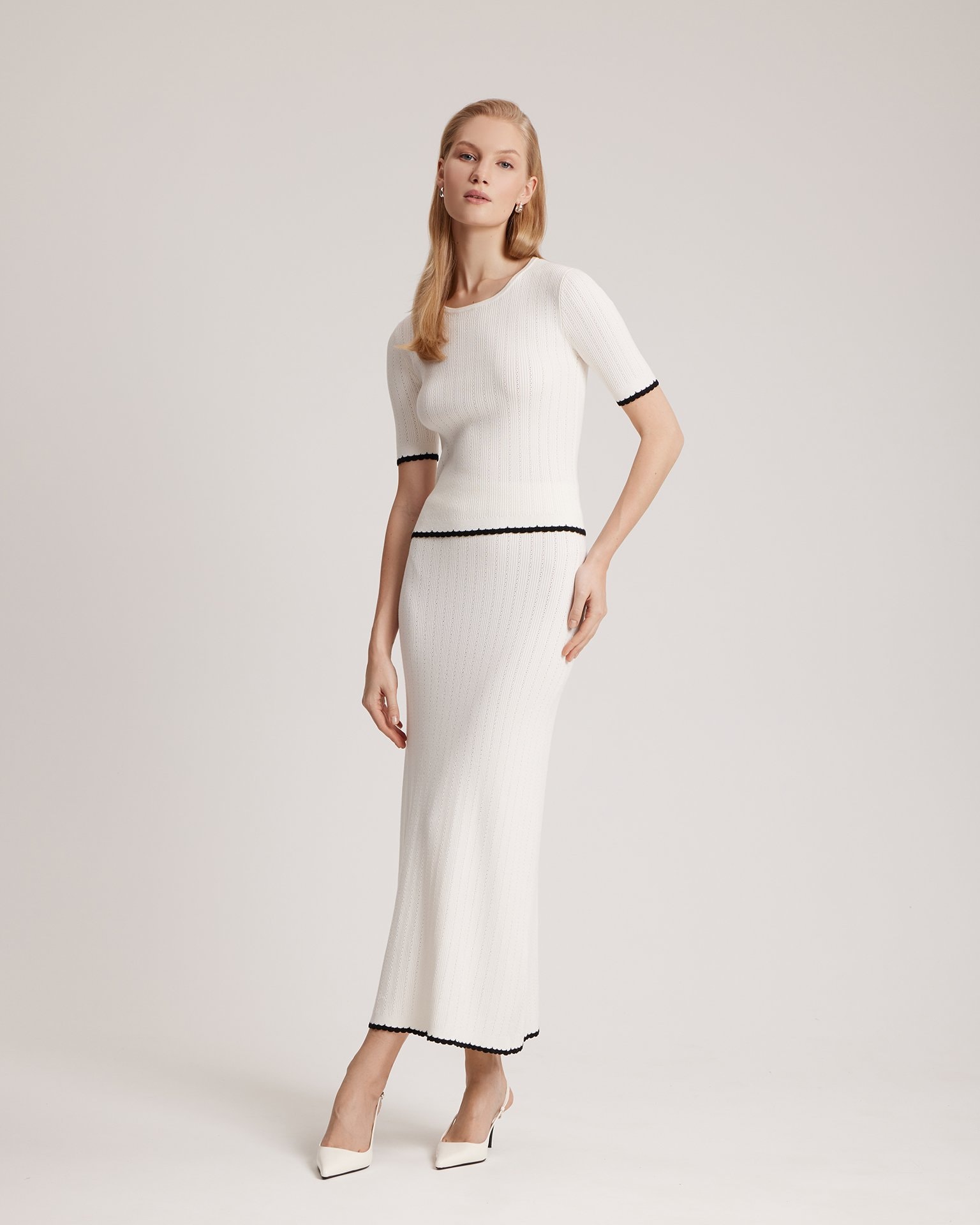 Midi skirt with piping, White