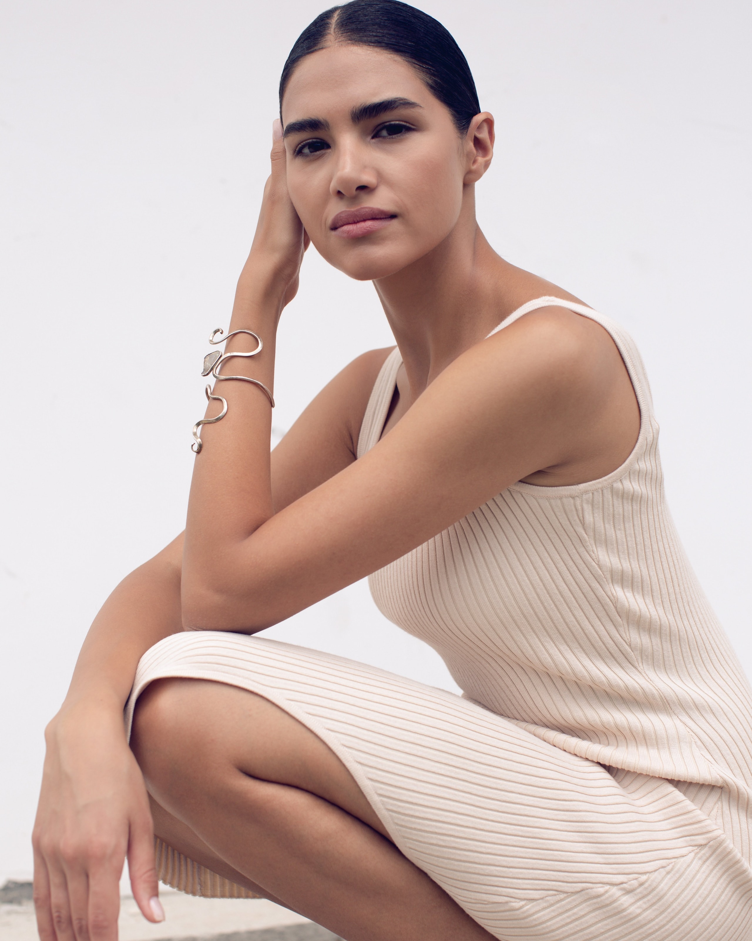 Dress with round neckline, Beige