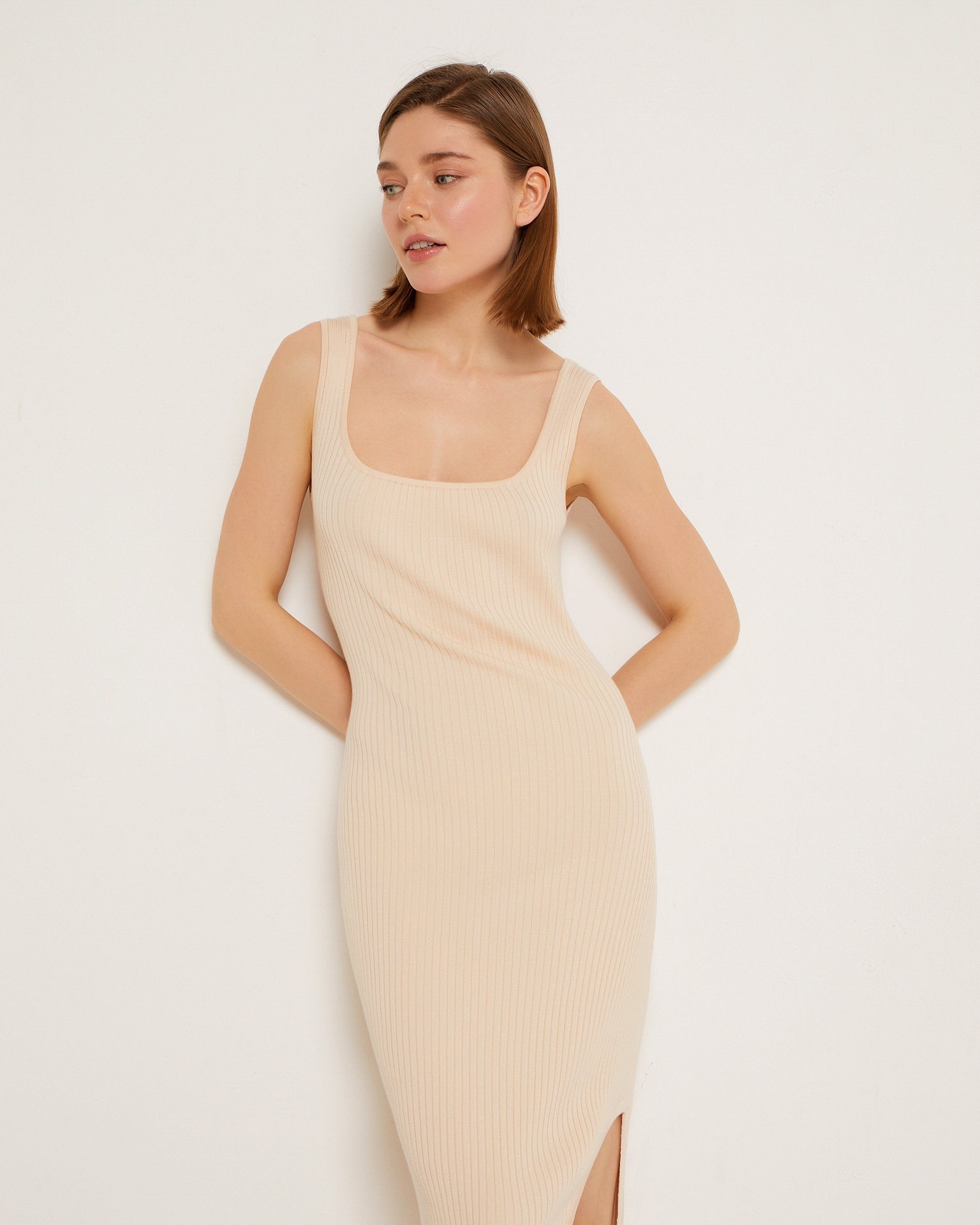 Dress with round neckline, Beige — photo 6