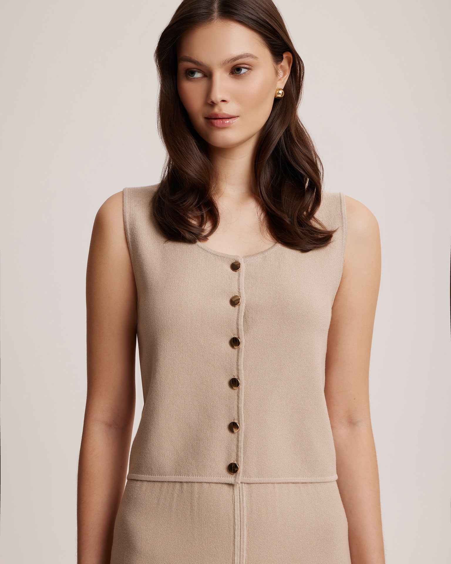 Sleeveless top with gold buttons, Beige