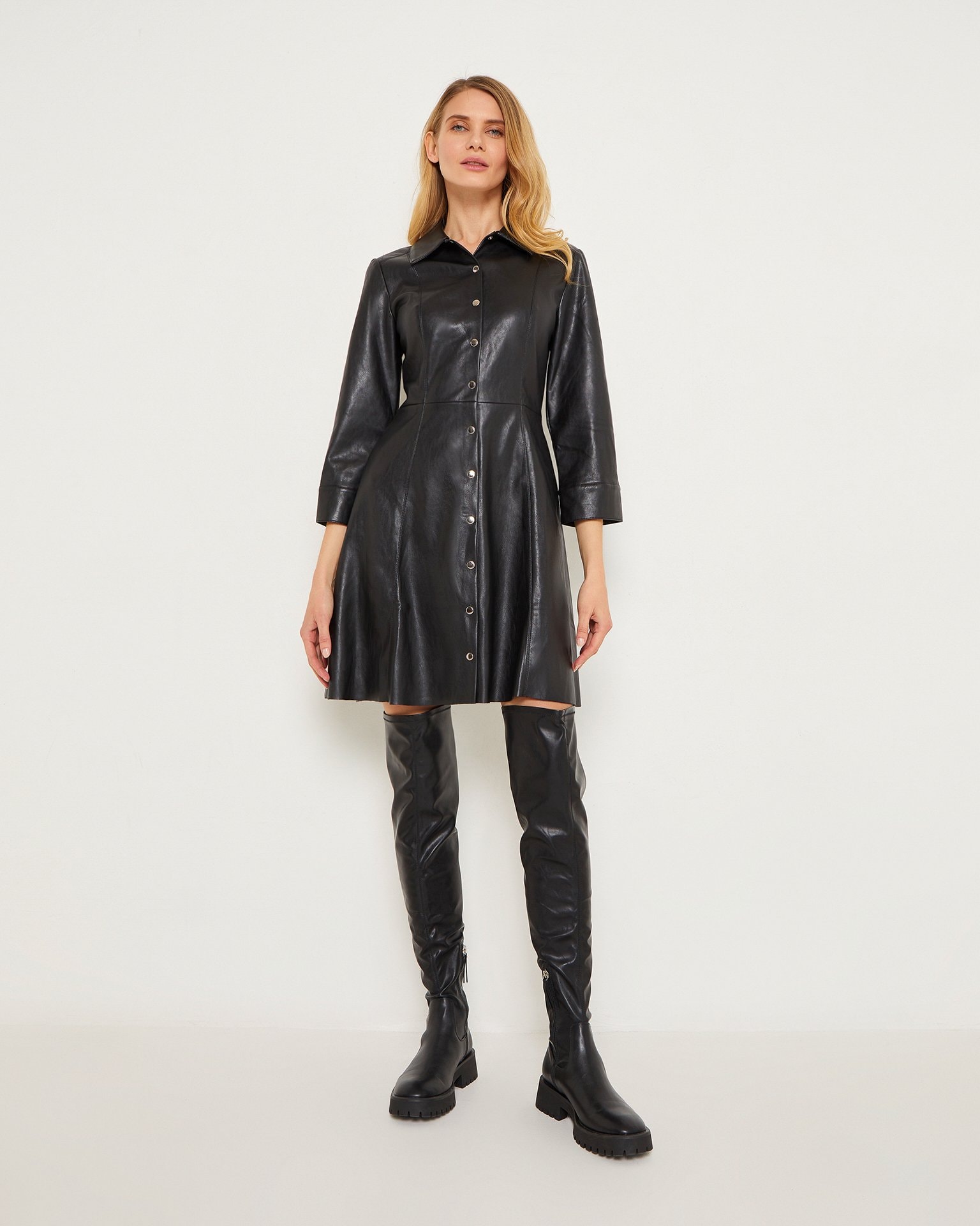 Button-Up Leather Dress, Black — photo 2