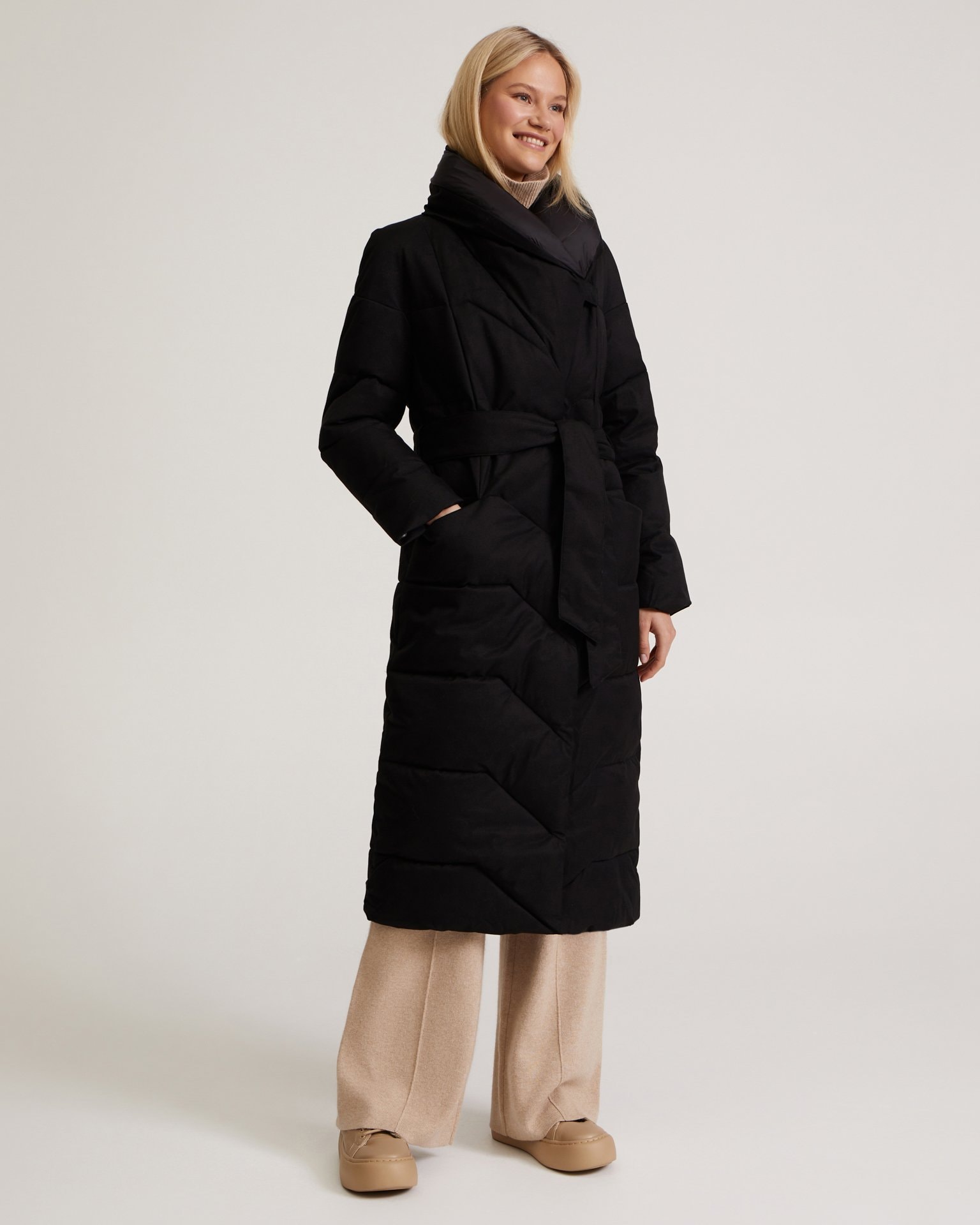 Belted Puffer Coat in Black, Black — photo 6