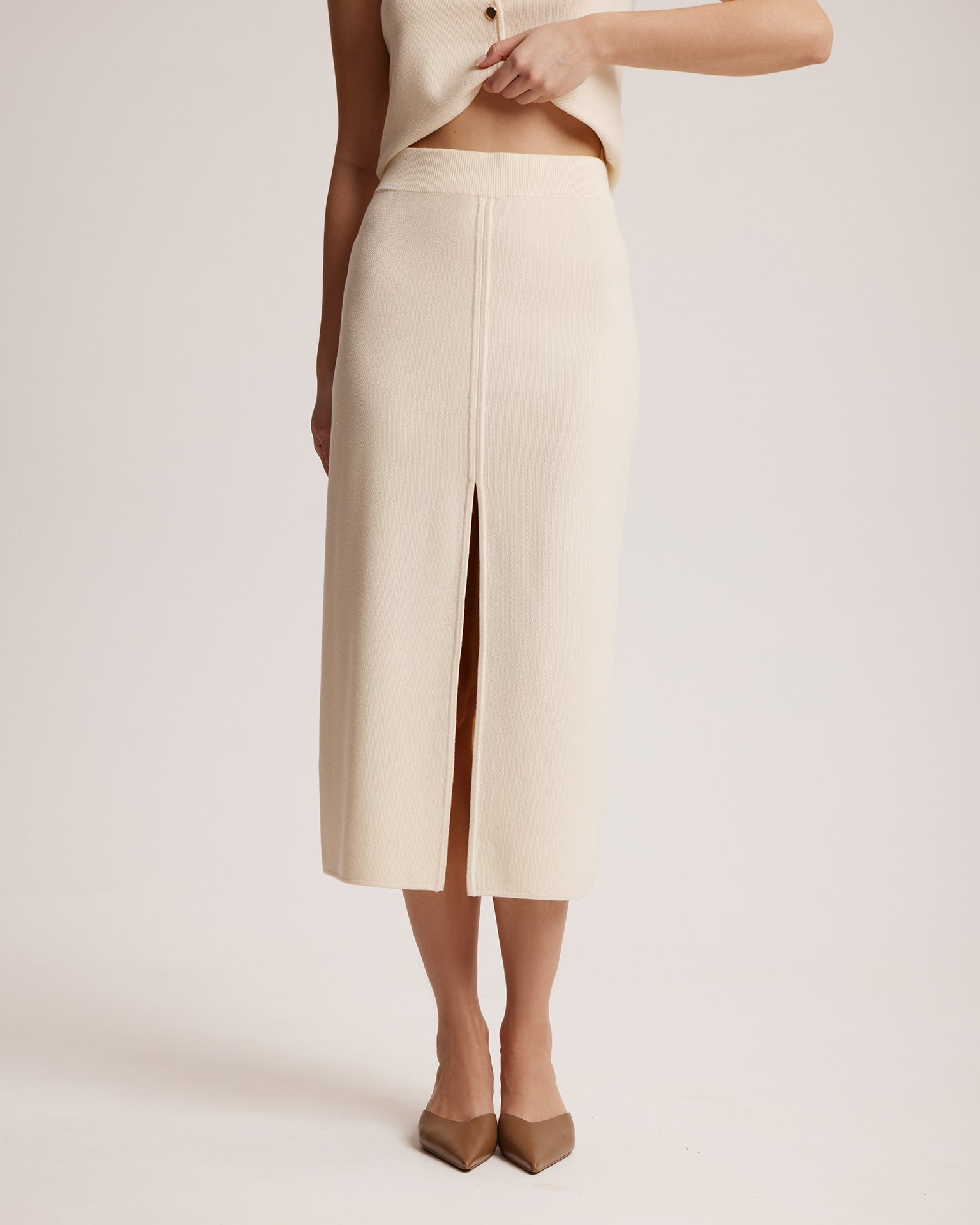 Midi skirt with a slit, Cream — photo 4