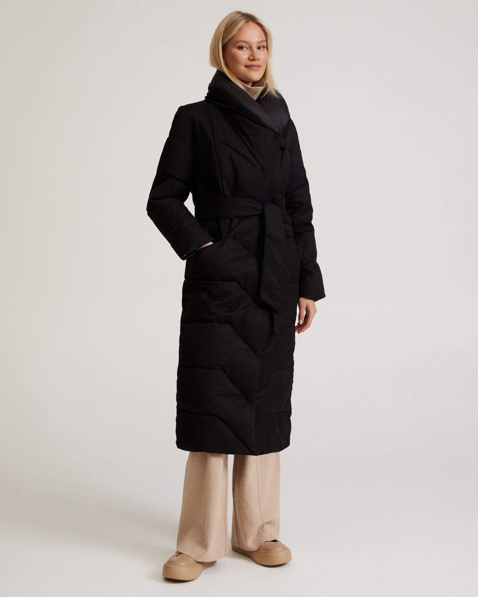 Belted Puffer Coat in Black, Black — photo 5