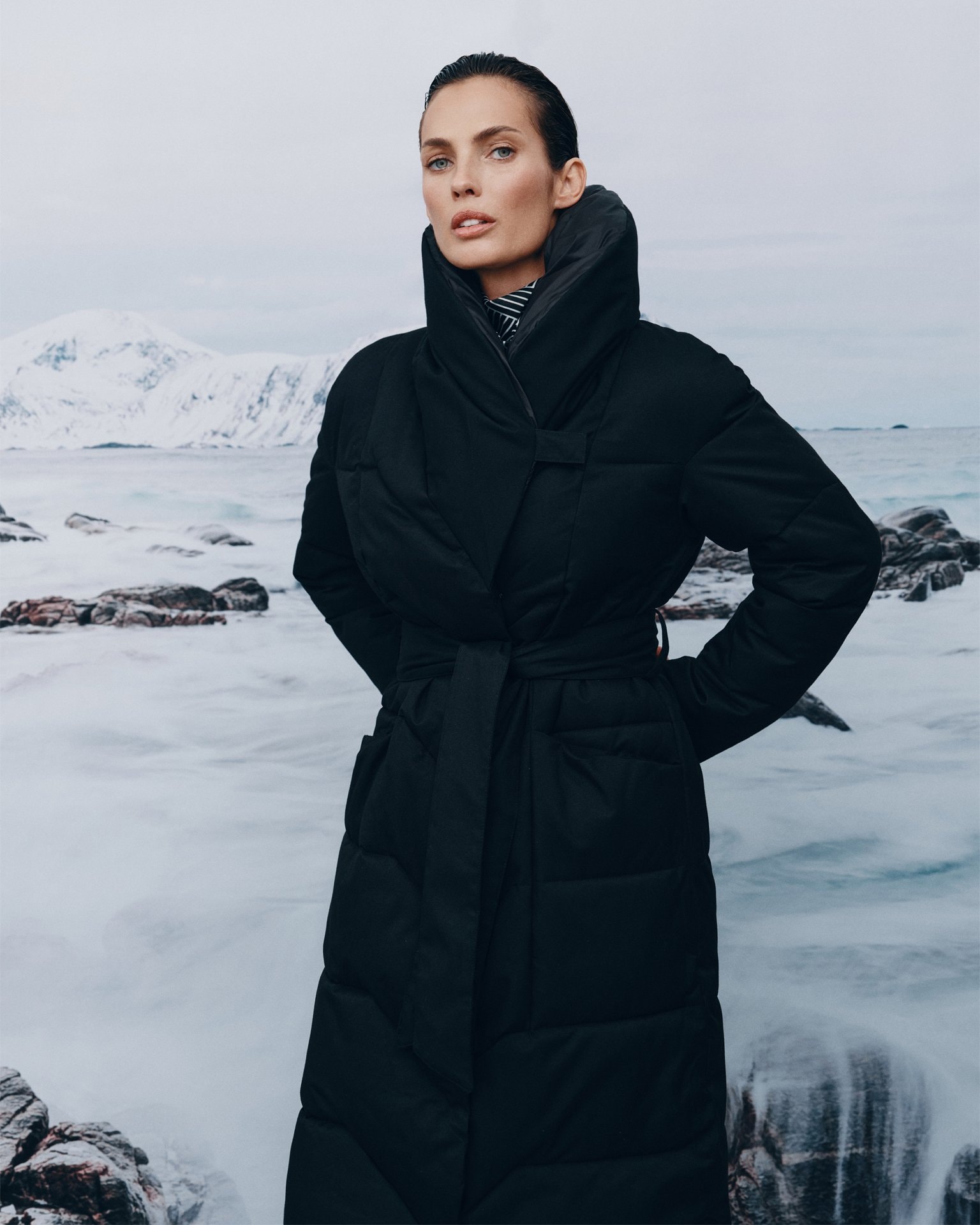 Belted Puffer Coat in Black, Black — photo 14
