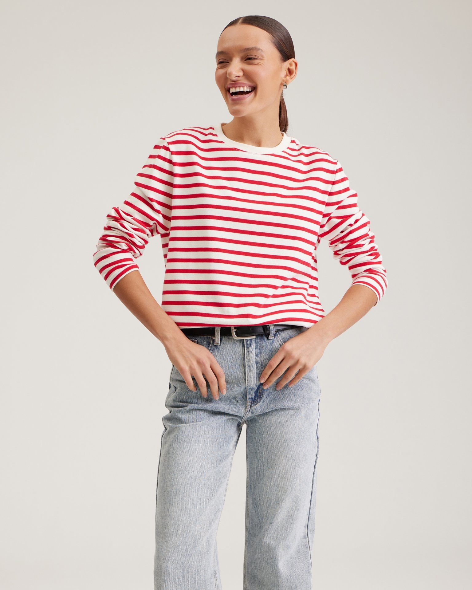 Breton stripe long-sleeved top, Scarlet