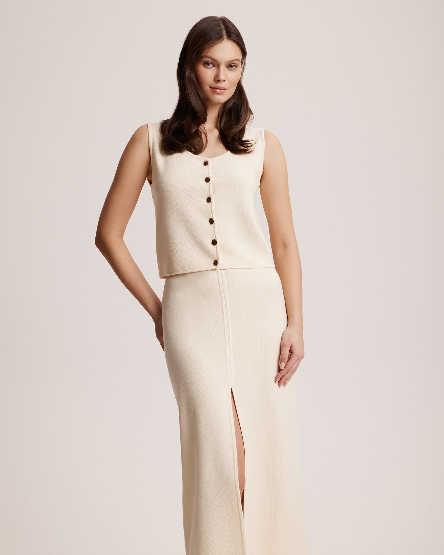 Midi skirt with a slit, Cream