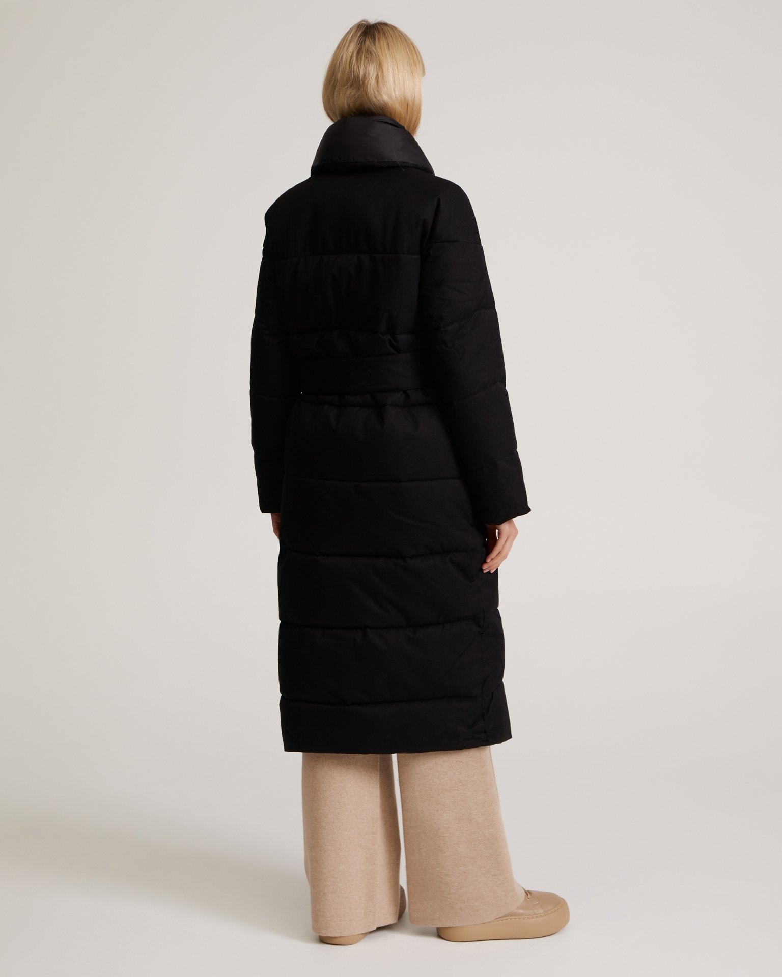 Belted Puffer Coat in Black, Black — photo 3