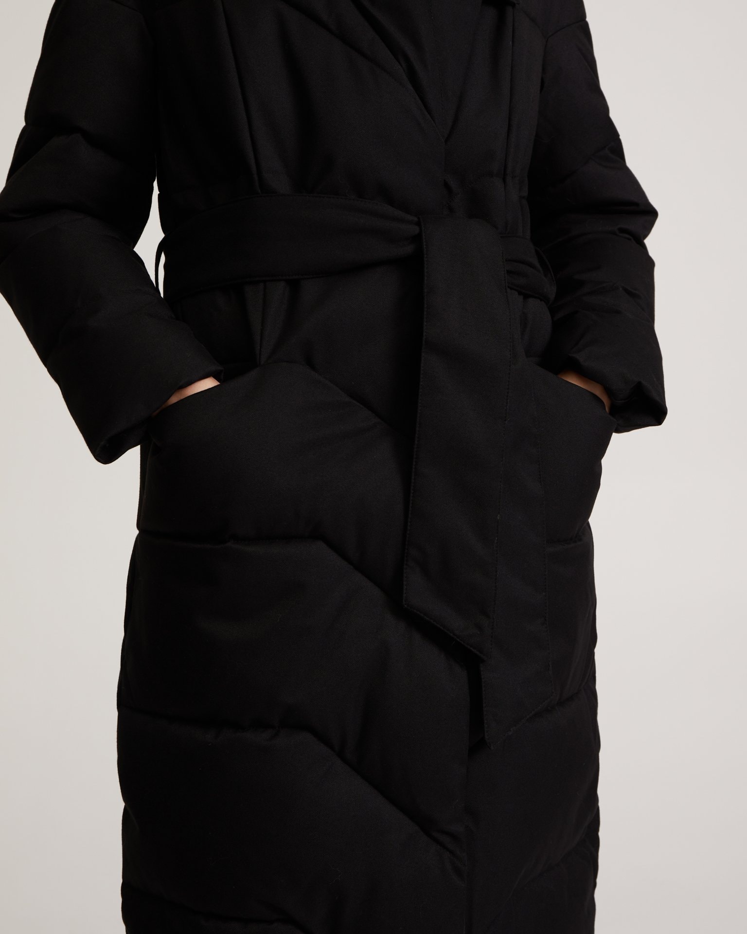 Belted Puffer Coat in Black, Black — photo 11