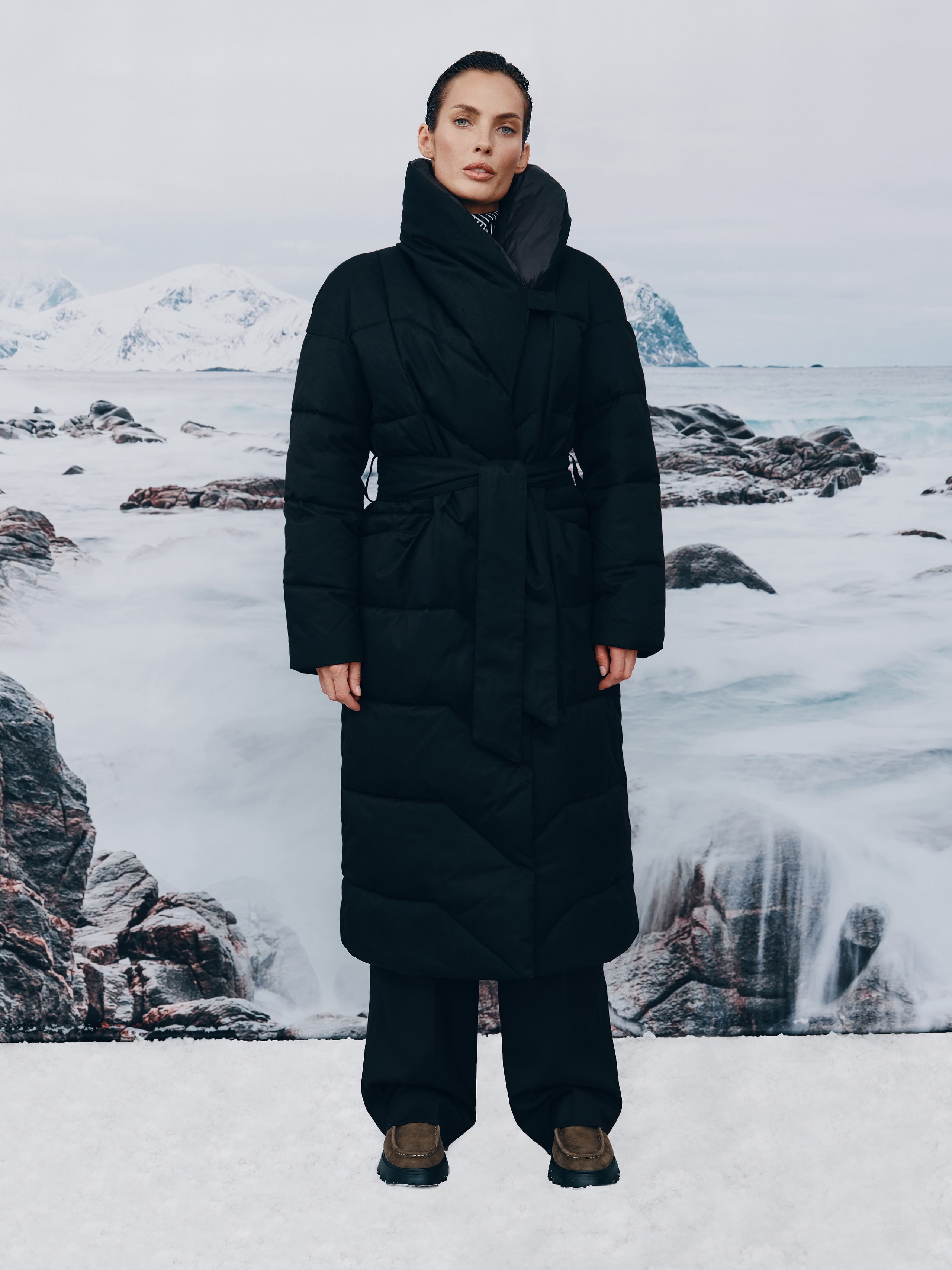 Belted Puffer Coat in Black, Black — photo 15