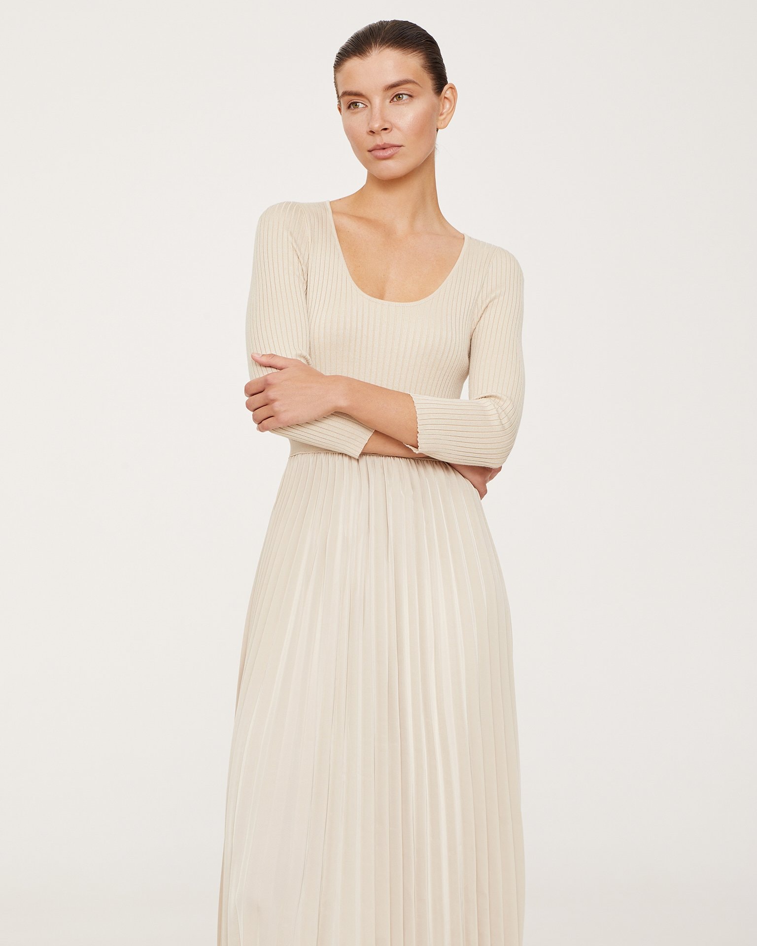 A dress with a pleated skirt, Beige — photo 2