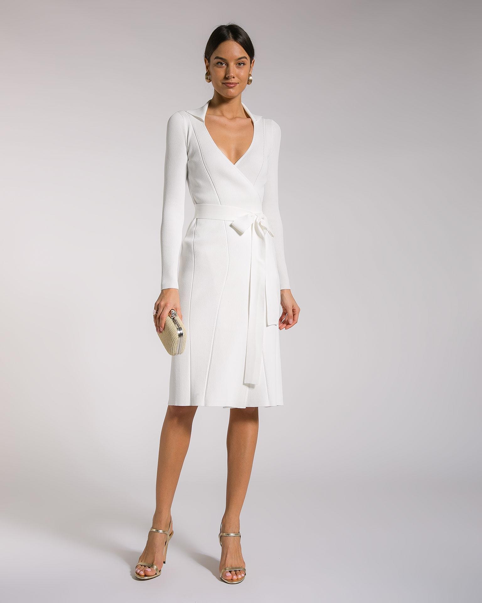 Snow-white dress with a fitted cut and a deep neckline, White — photo 4